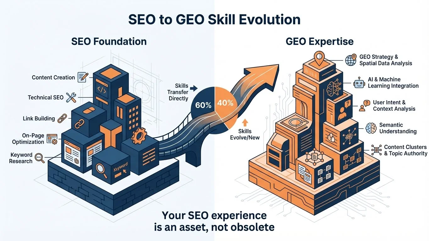 Infographic showing SEO to GEO Skill Evolution - SEO Foundation with building blocks (Content Creation, Technical SEO, Link Building, Keyword Research) transforming through a bridge to GEO Expertise (GEO Strategy, AI & Machine Learning Integration, Semantic Understanding) with 60% skills transfer directly and 40% evolve or are new