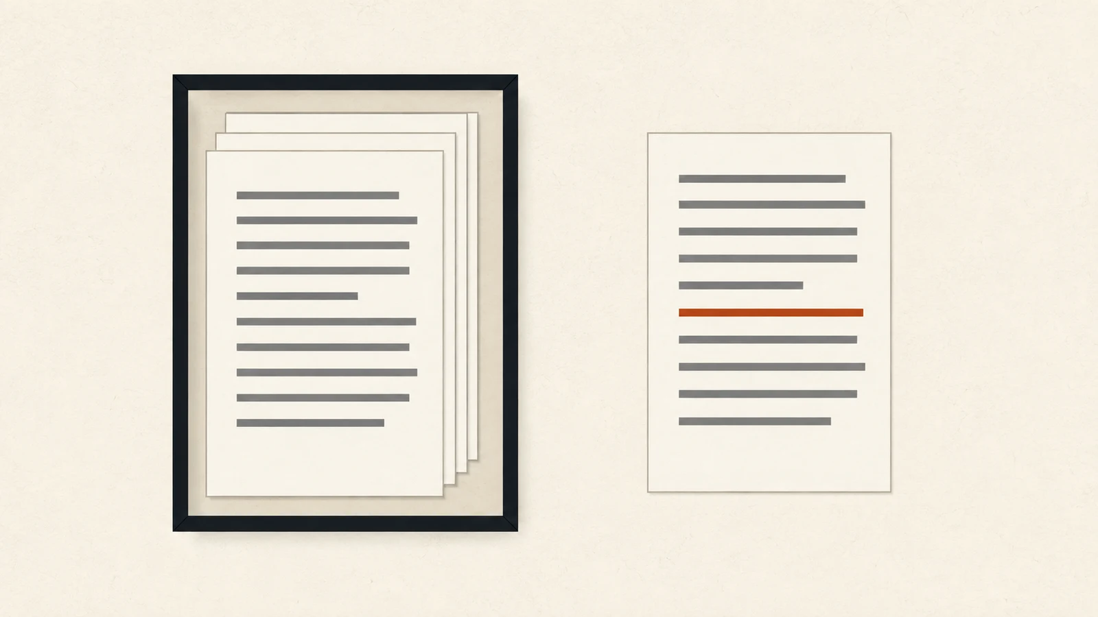A framed stack of identical letters with their text drawn as grey bars, and one sheet pulled out beside it with a single line marked in rust.