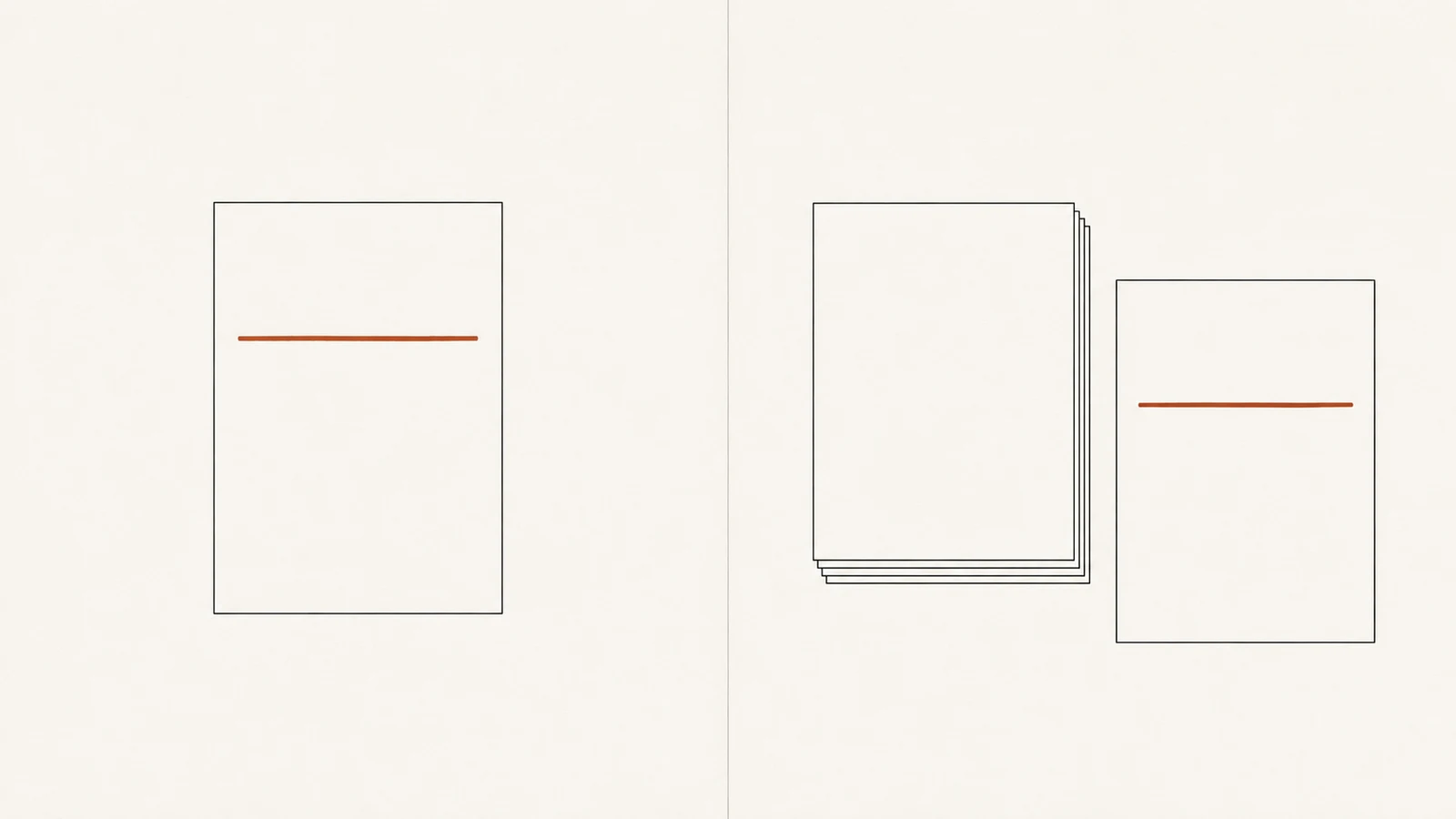 A frame split in two: on the left a blank sheet with a rust line drawn on it, on the right a stack of sheets with one pulled out in rust.