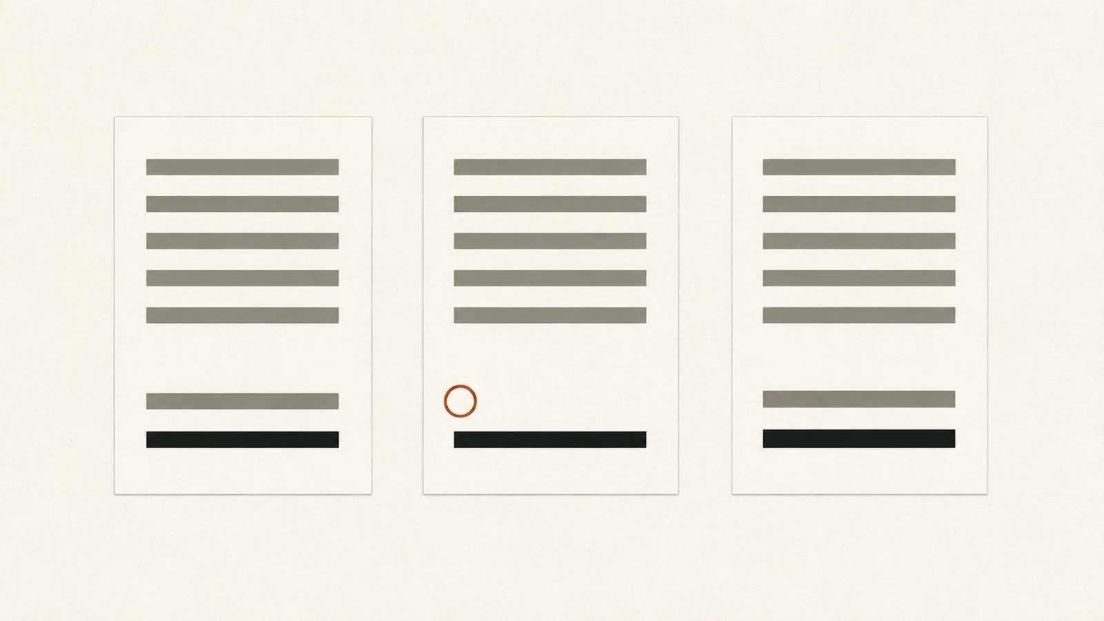 Three documents with matching rows. The middle one is missing a row the others have, and a rust circle marks the empty space.