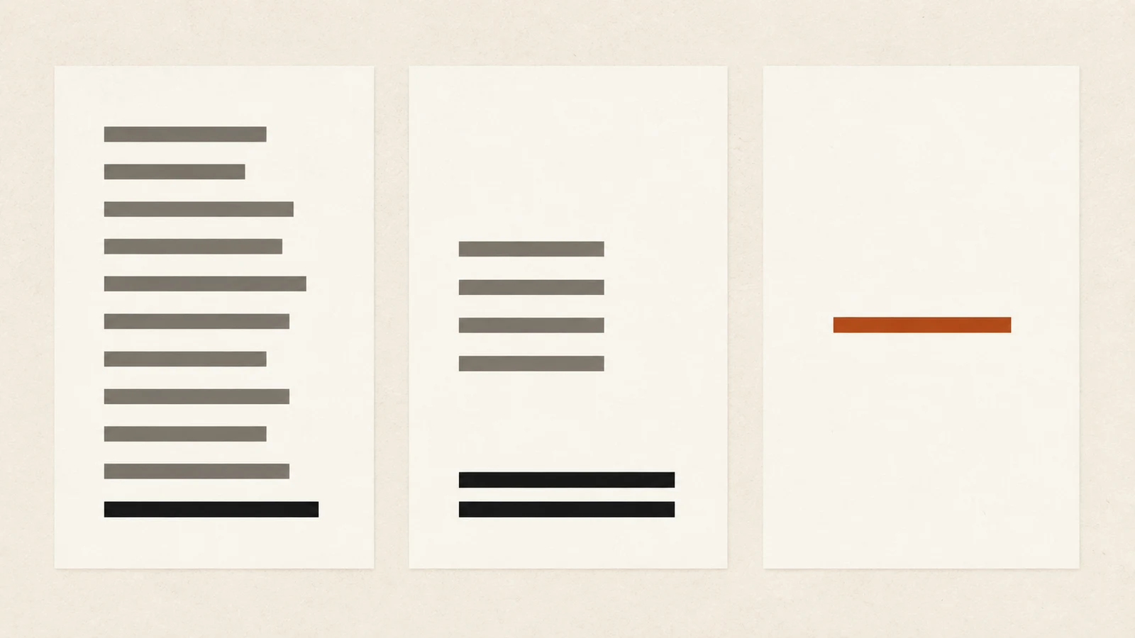 Three quote sheets side by side: one dense with line items, one sparse, one nearly empty with a single rust line.