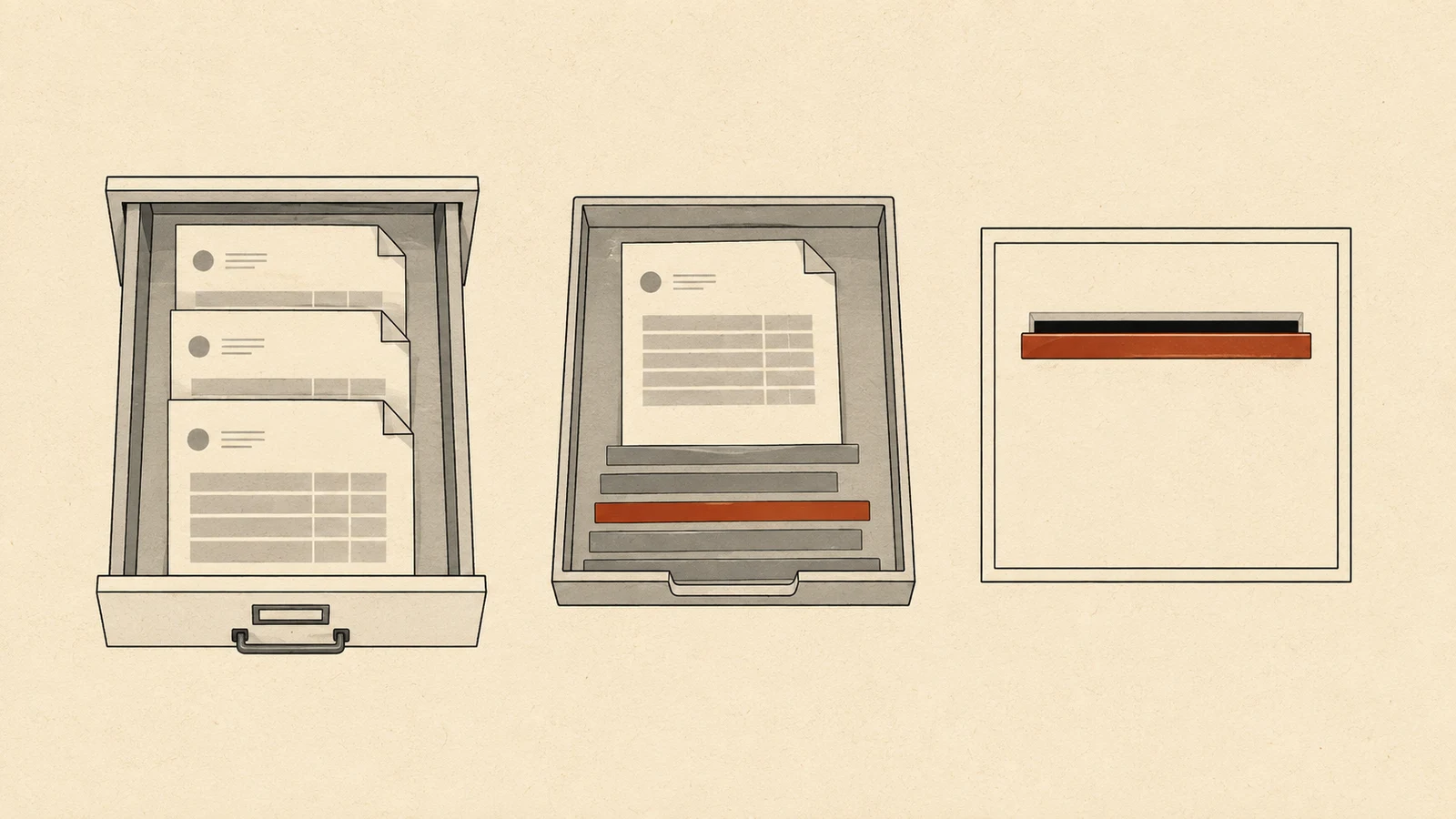 A desk seen from above: three invoices placed back in a drawer, one invoice alone in a tray, and a mail slot with a rust bar laid across it.