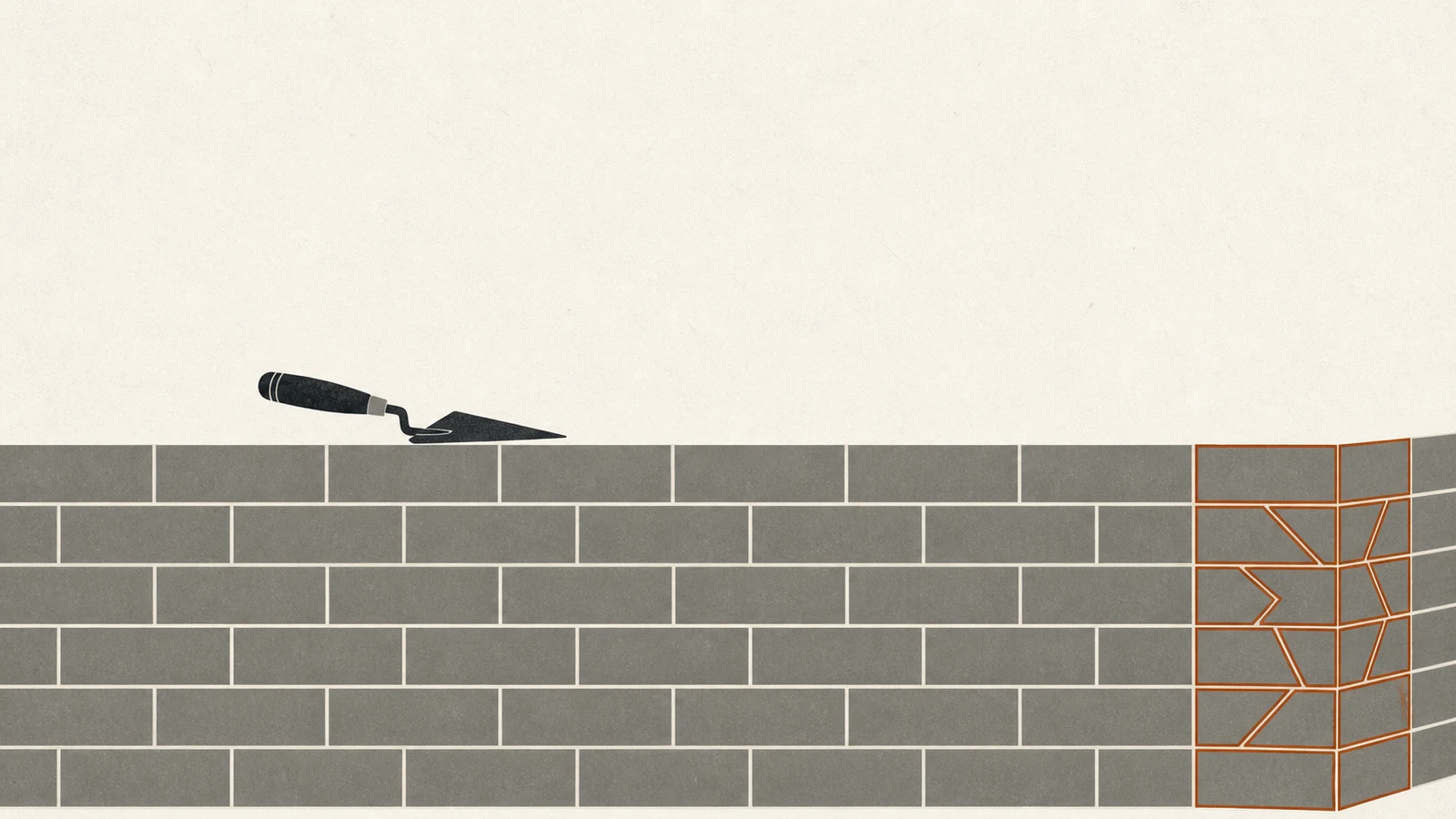 A long brick wall of identical grey bricks, and at the far end a corner where every brick has been cut to a different shape, outlined in rust.