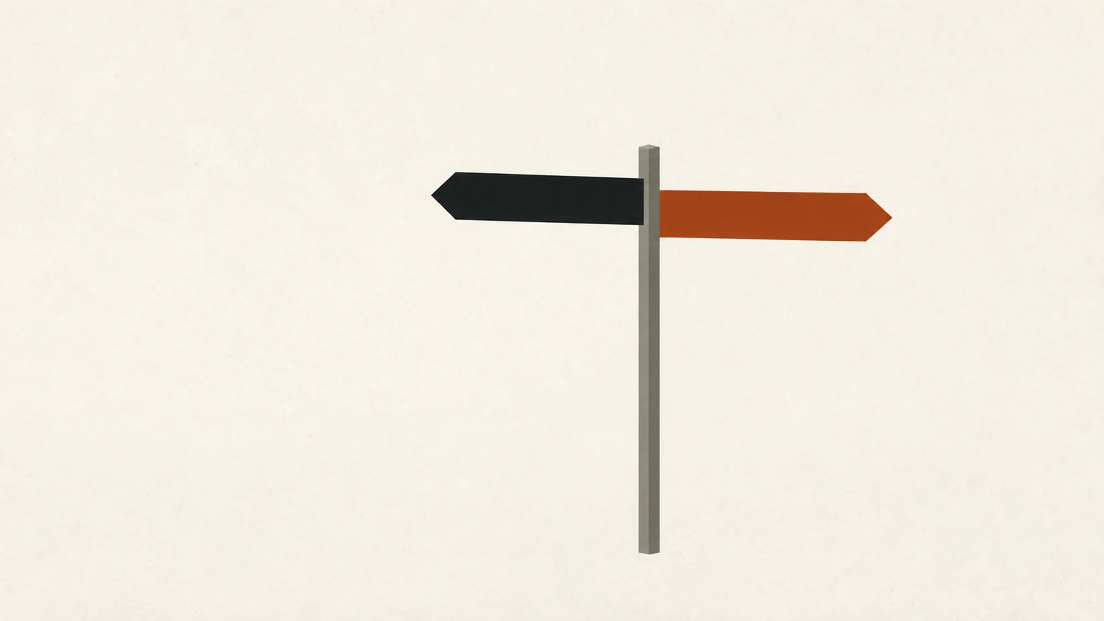A plain signpost with two blank arms pointing opposite ways, one black and one rust.