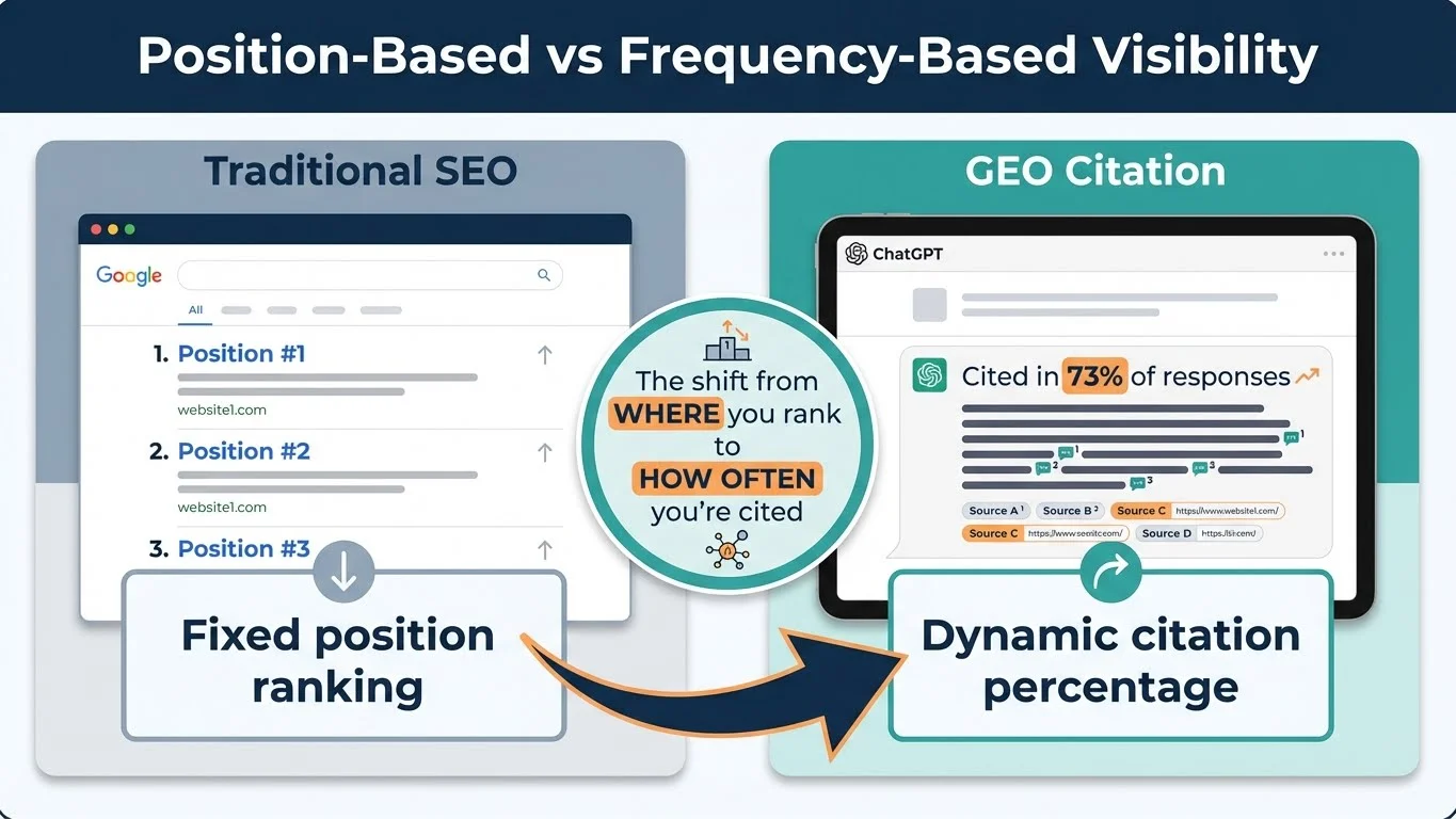 Infographic comparing position-based SEO ranking (Position #1, #2, #3) vs frequency-based GEO citation (Cited in 73% of responses), showing the paradigm shift from WHERE you rank to HOW OFTEN you're cited