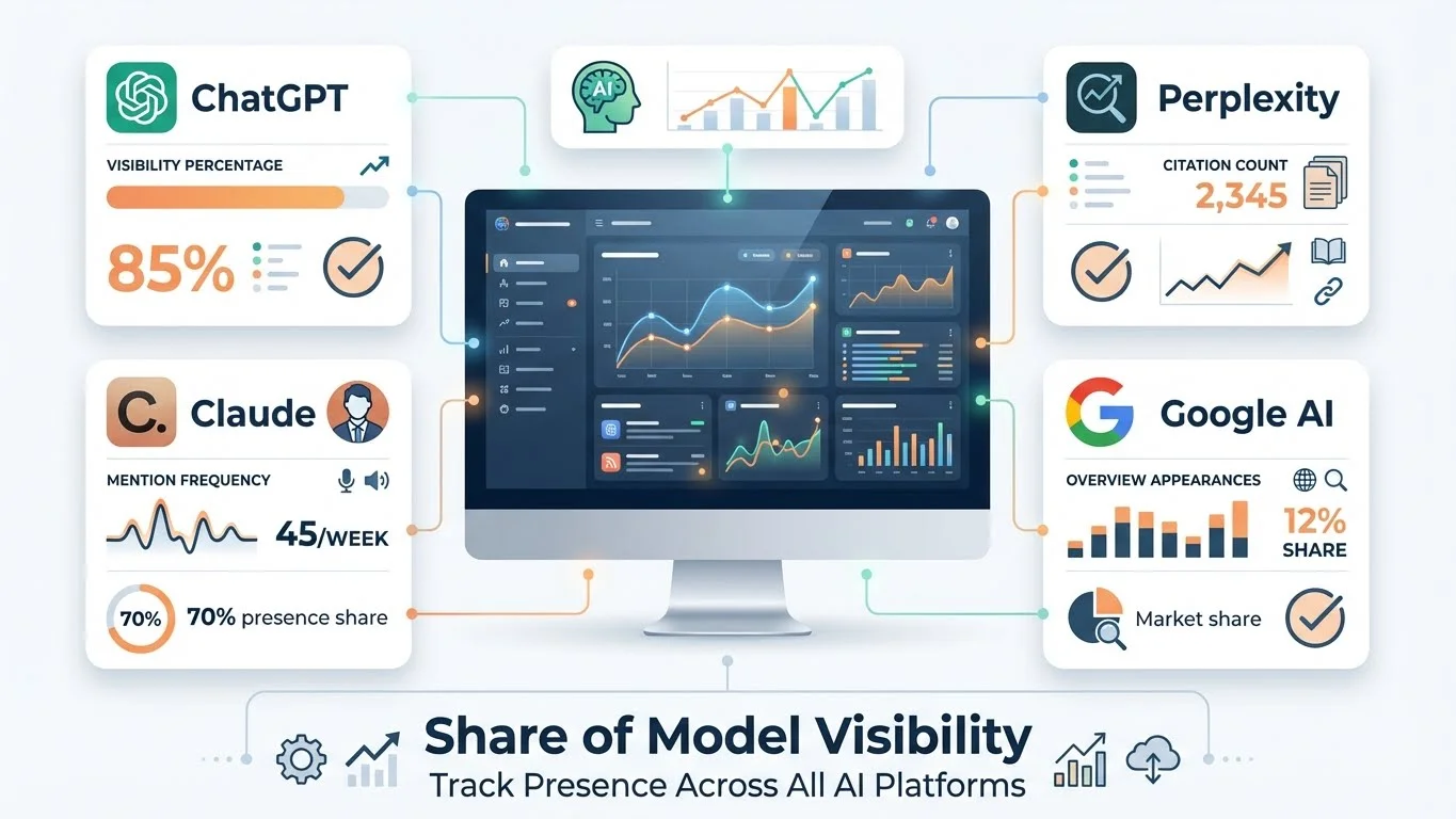 Multi-platform AI visibility tracking diagram showing ChatGPT, Perplexity, Claude, and Google AI Overviews with different citation behaviors and testing strategies for each