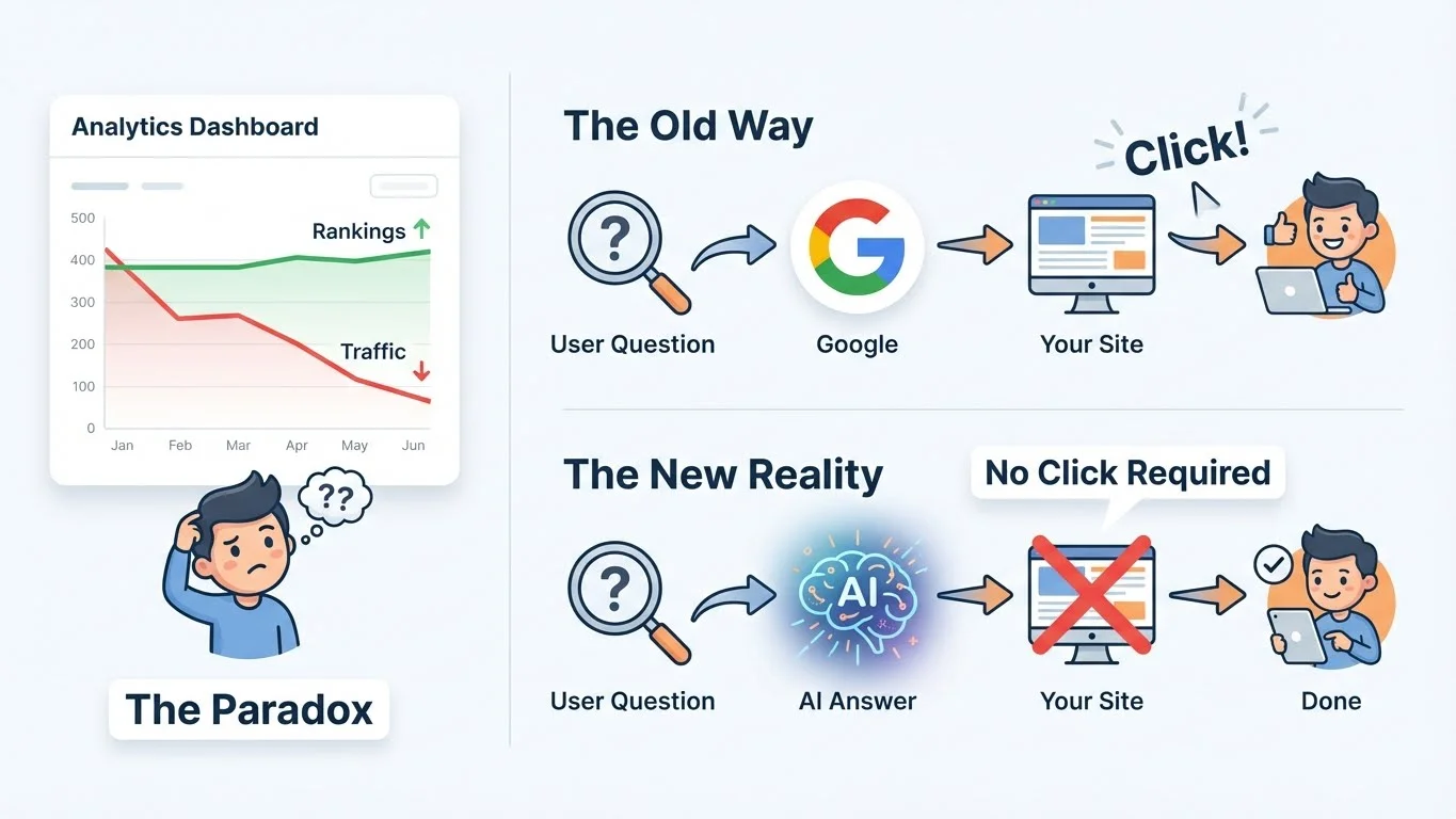 Futuristic command center dashboard showing AI Search 2025 transformation with rising traffic charts and AI platform icons