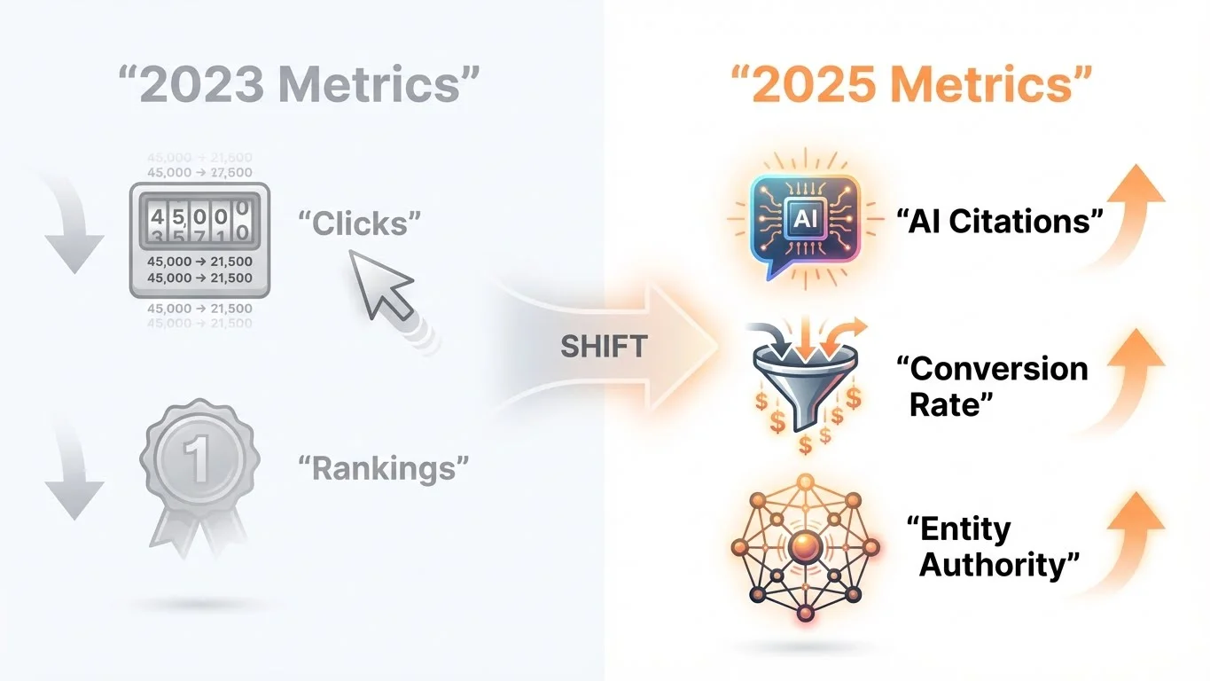 Infographic showing the evolution from 2023 traffic-based metrics (Clicks, Rankings) to 2025 AI search metrics (AI Citations, Conversion Rate, Entity Authority) with a central SHIFT arrow indicating the transition