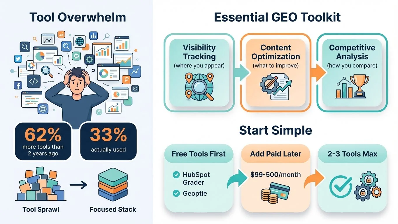 Essential GEO toolkit infographic showing Tool Overwhelm problem (62% more tools than 2 years ago, 33% actually used, tool sprawl vs focused stack), Essential GEO Toolkit with three layers (Visibility Tracking, Content Optimization, Competitive Analysis), and Start Simple guidance (Free Tools First with HubSpot Grader and Geoptie, Add Paid Later at $99-500/month, 2-3 Tools Max)