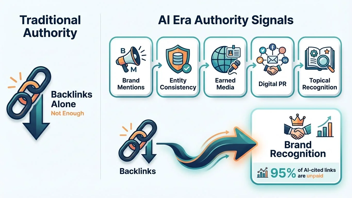 Infographic comparing Traditional Authority (Backlinks Alone - Not Enough) vs AI Era Authority Signals (Brand Mentions, Entity Consistency, Earned Media, Digital PR, Topical Recognition) showing 95% of AI-cited links are unpaid