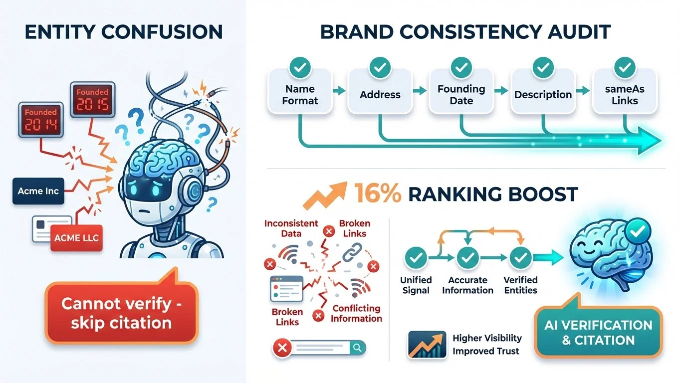 Infographic comparing Entity Confusion (confused AI brain receiving conflicting signals - Founded 2014 vs 2015, Acme Inc vs ACME LLC, with 'Cannot verify - skip citation' result) versus Brand Consistency Audit (5 checkpoints: Name Format, Address, Founding Date, Description, sameAs Links leading to unified signal and 16% ranking boost)