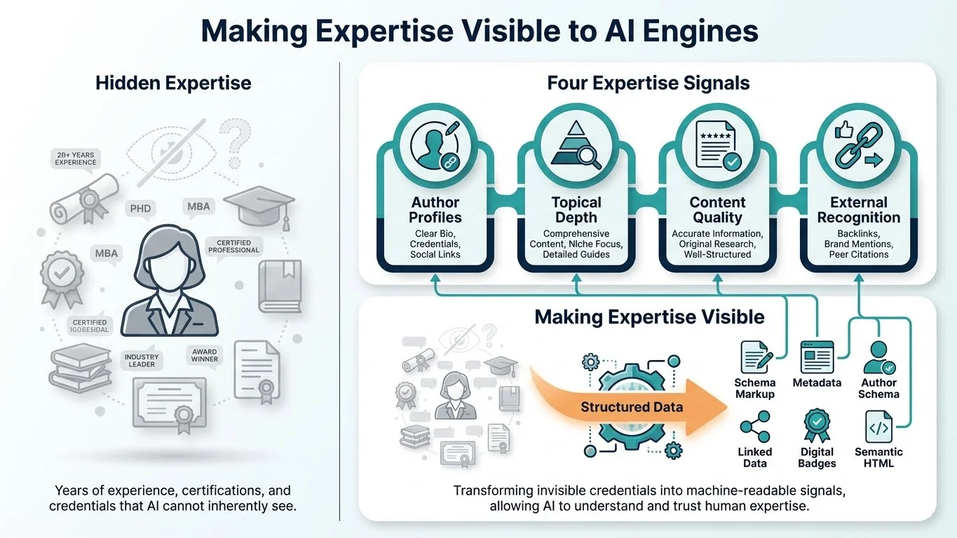 Infographic showing how to make expertise visible to AI engines: Four expertise signals (Author Profiles, Topical Depth, Content Quality, External Recognition) transform hidden credentials into machine-readable signals through structured data
