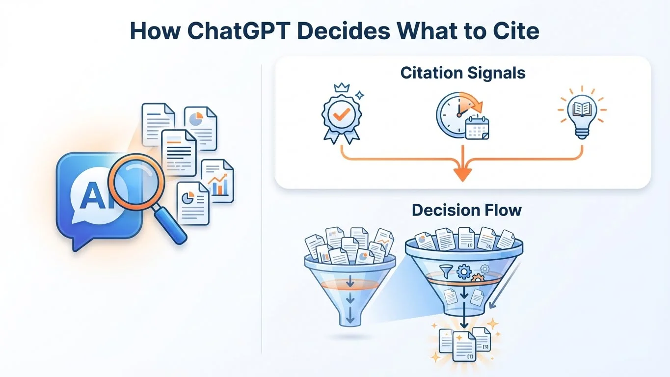 Illustration of AI chatbot analyzing multiple sources and making citation decisions based on authority signals, relevance, and trust factors