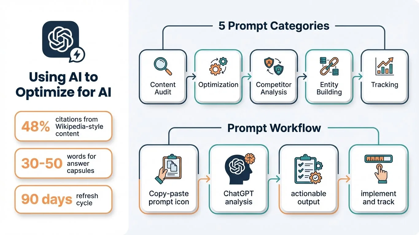 Infographic showing 5 ChatGPT prompt categories for GEO optimization: Content Audit, Optimization, Competitor Analysis, Entity Building, and Tracking, with workflow from copy-paste prompts through ChatGPT analysis to actionable output and implementation