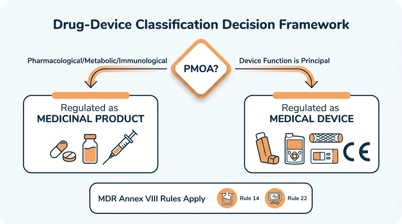 Drug-device combination classification decision framework infographic showing PMOA pathways to medicinal product or medical device regulation