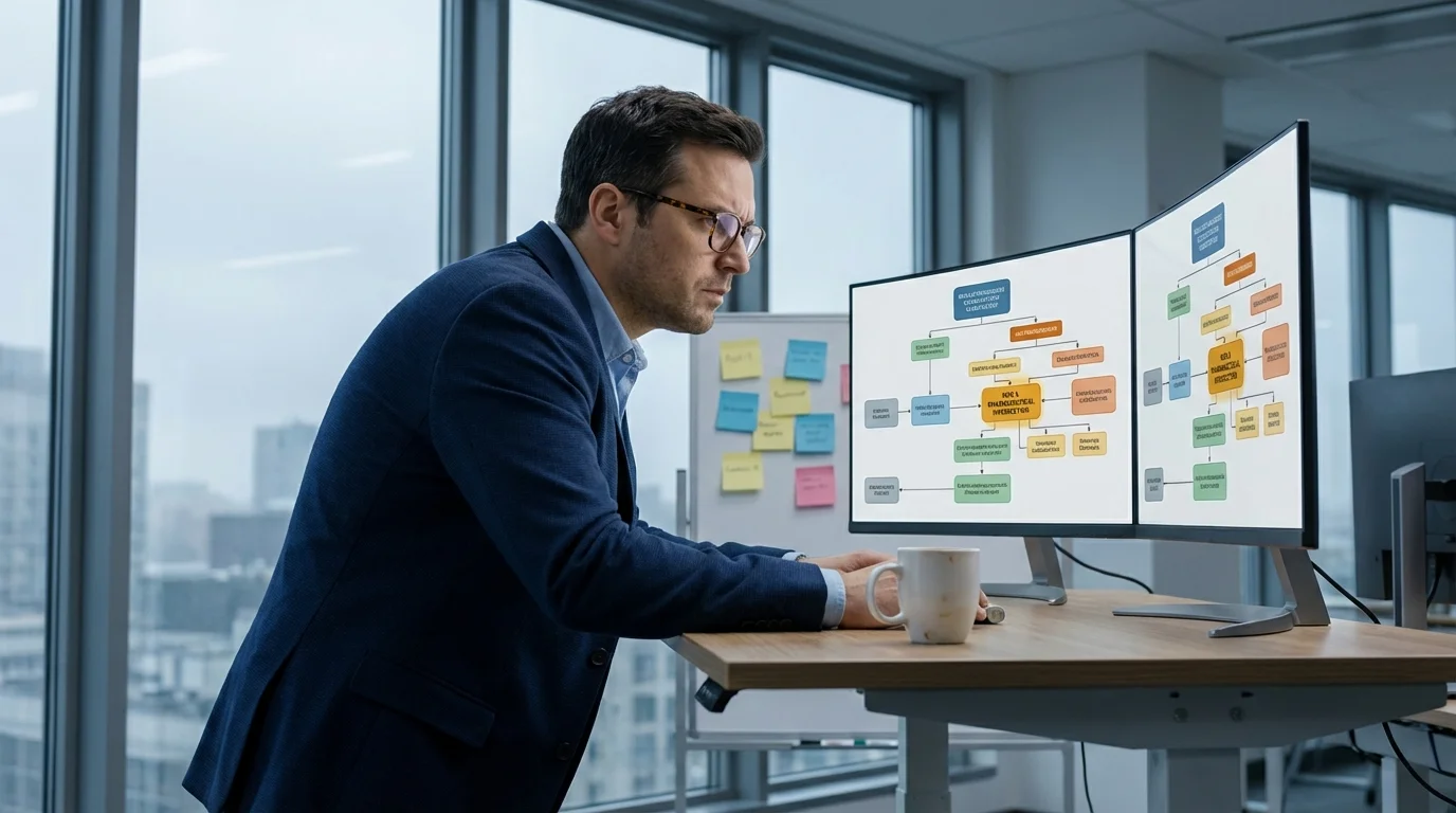 Regulatory affairs specialist studying drug-device classification flowcharts on dual monitors in pharmaceutical office