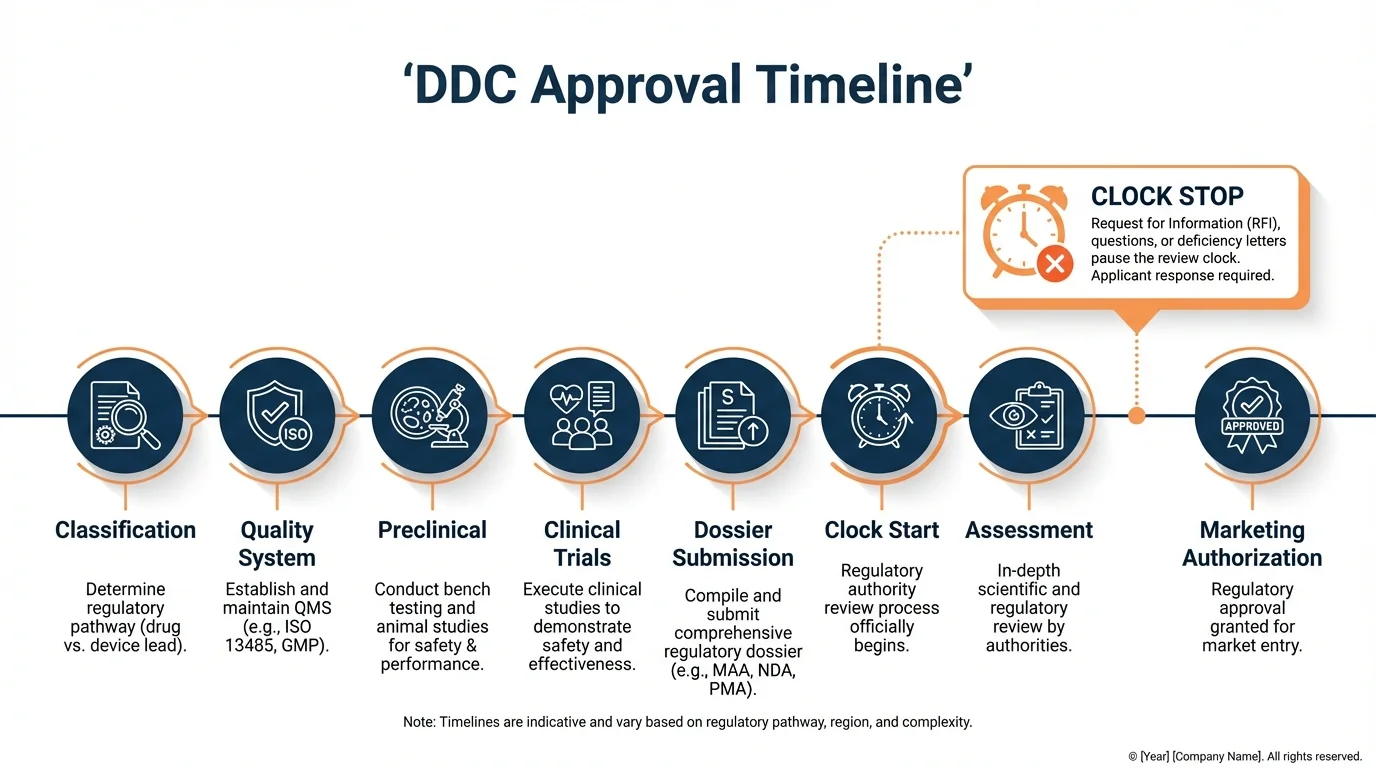 Horizontal timeline showing drug-device combination product approval milestones from NB engagement through market access