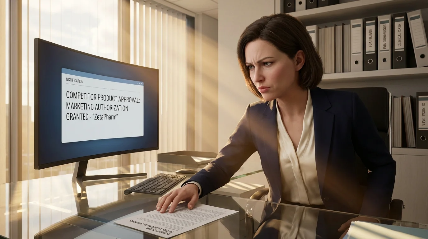 Female regulatory affairs manager mapping drug-device combination approval timeline on whiteboard with colored milestones