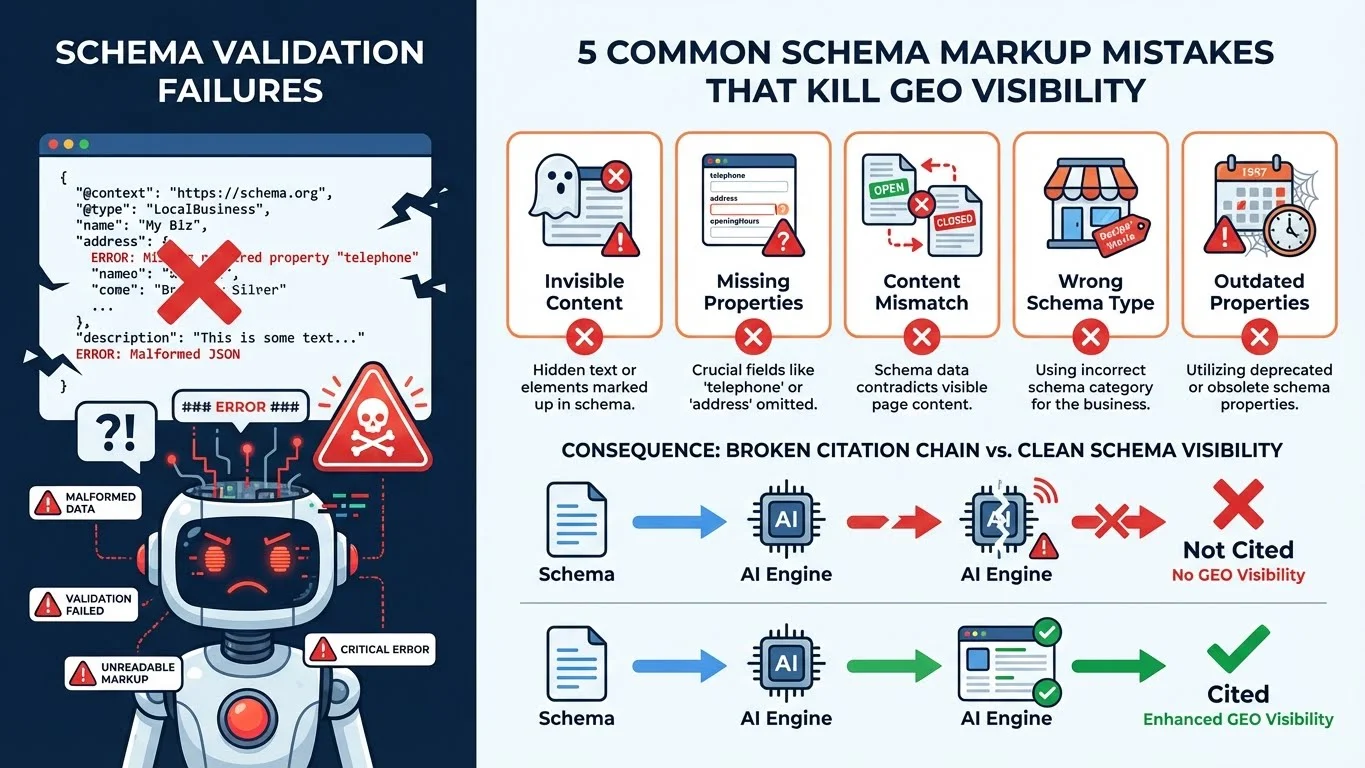 Infographic showing 5 common schema markup mistakes that kill GEO visibility: Invisible Content, Missing Properties, Content Mismatch, Wrong Schema Type, and Outdated Properties, with visual comparison of broken vs clean citation chains