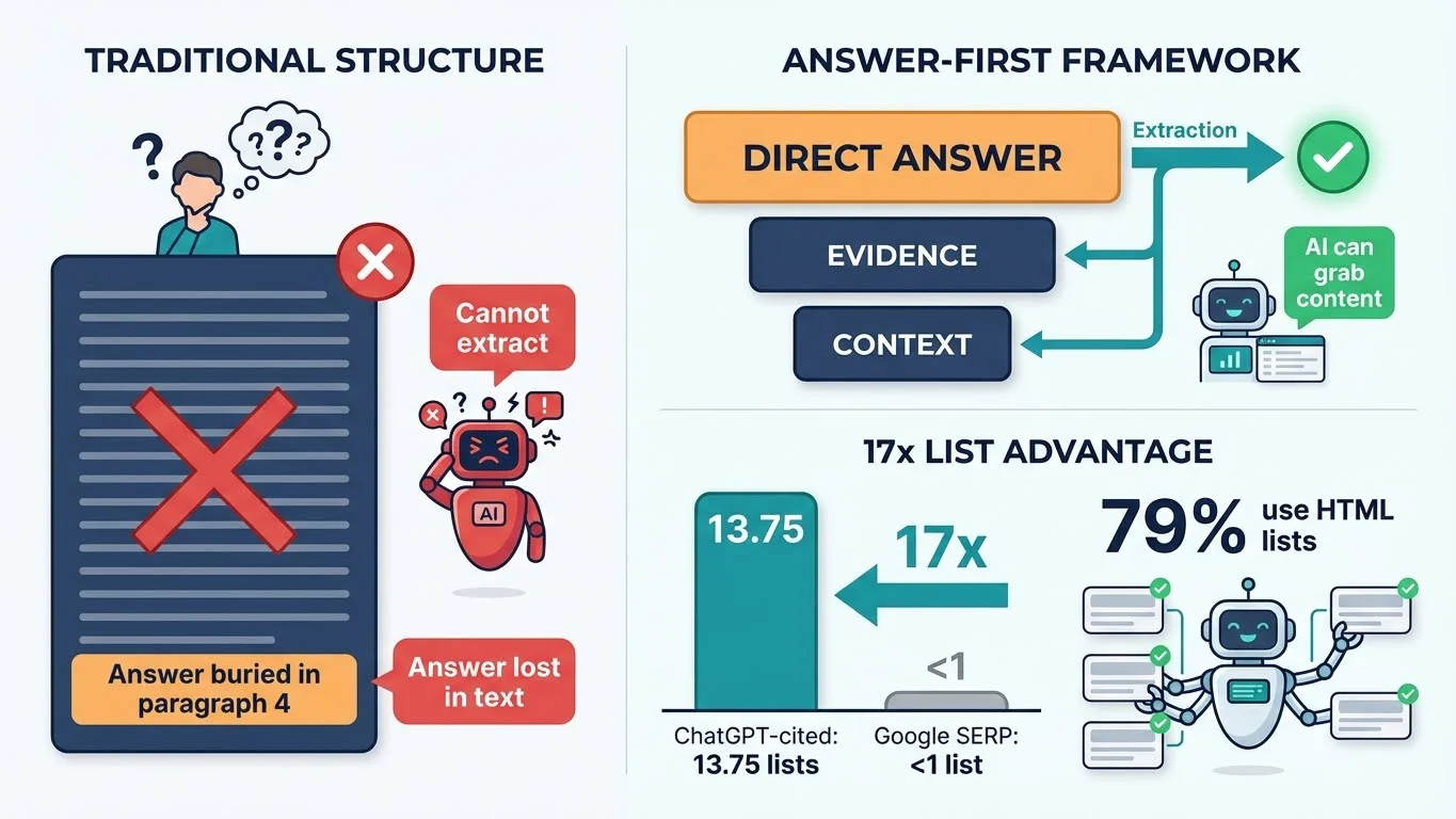 Infographic comparing traditional content structure vs answer-first framework - showing how direct answers, evidence blocks, and 17x list advantage lead to AI citations with 79% of cited pages using HTML lists