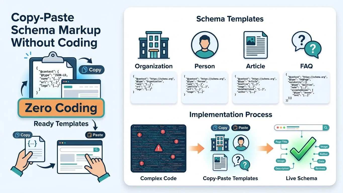 Copy-Paste Schema Markup Without Coding infographic showing Zero Coding badge, Ready Templates, Schema Templates (Organization, Person, Article, FAQ) with JSON-LD previews, and Implementation Process from Complex Code through Copy-Paste Templates to Live Schema