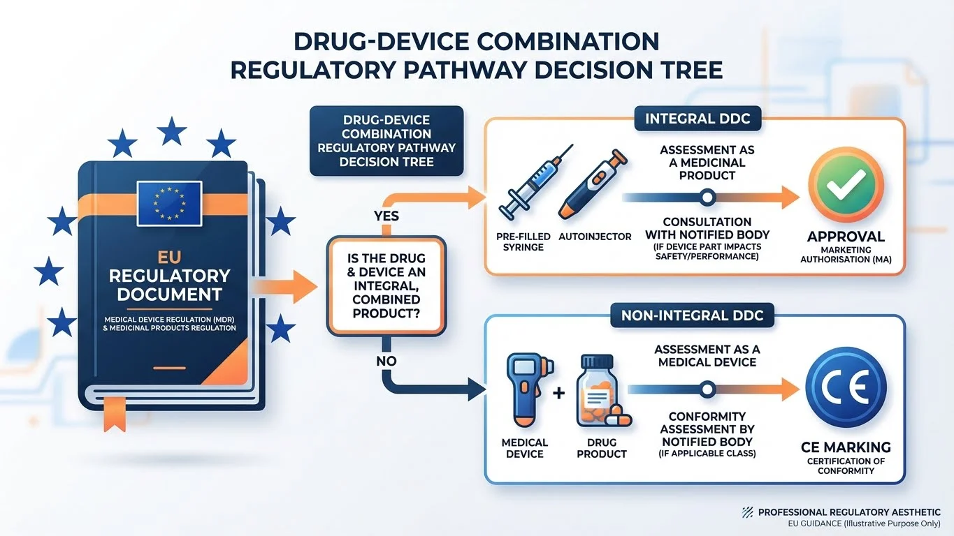 Infographic showing DDC classification pathway under EU MDR Article 117 - integral vs non-integral decision tree