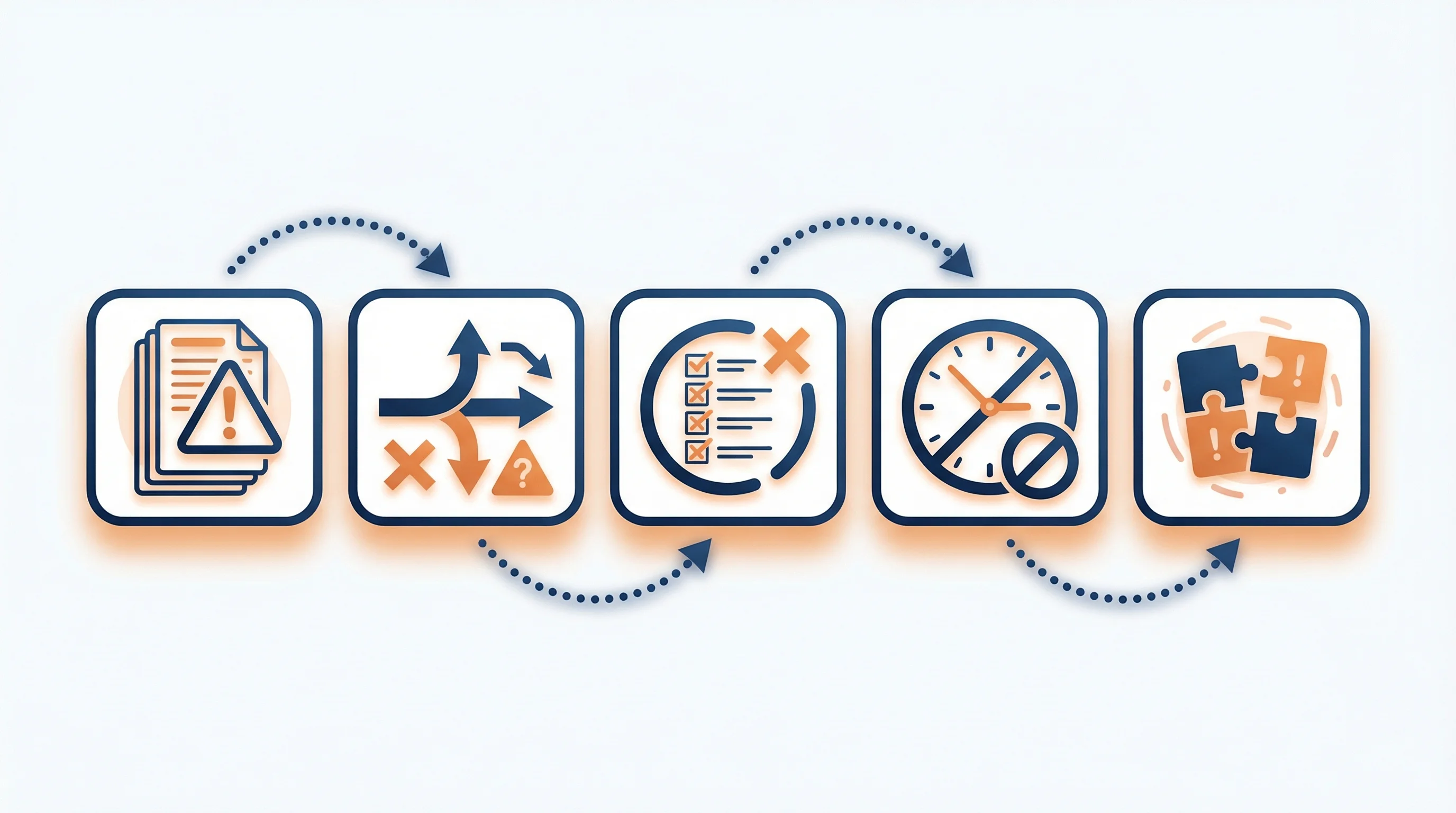 Infographic showing five connected warning icons representing common DDC submission pitfalls: document warning, branching paths, checklist with X marks, clock with stop symbol, and mismatched puzzle pieces