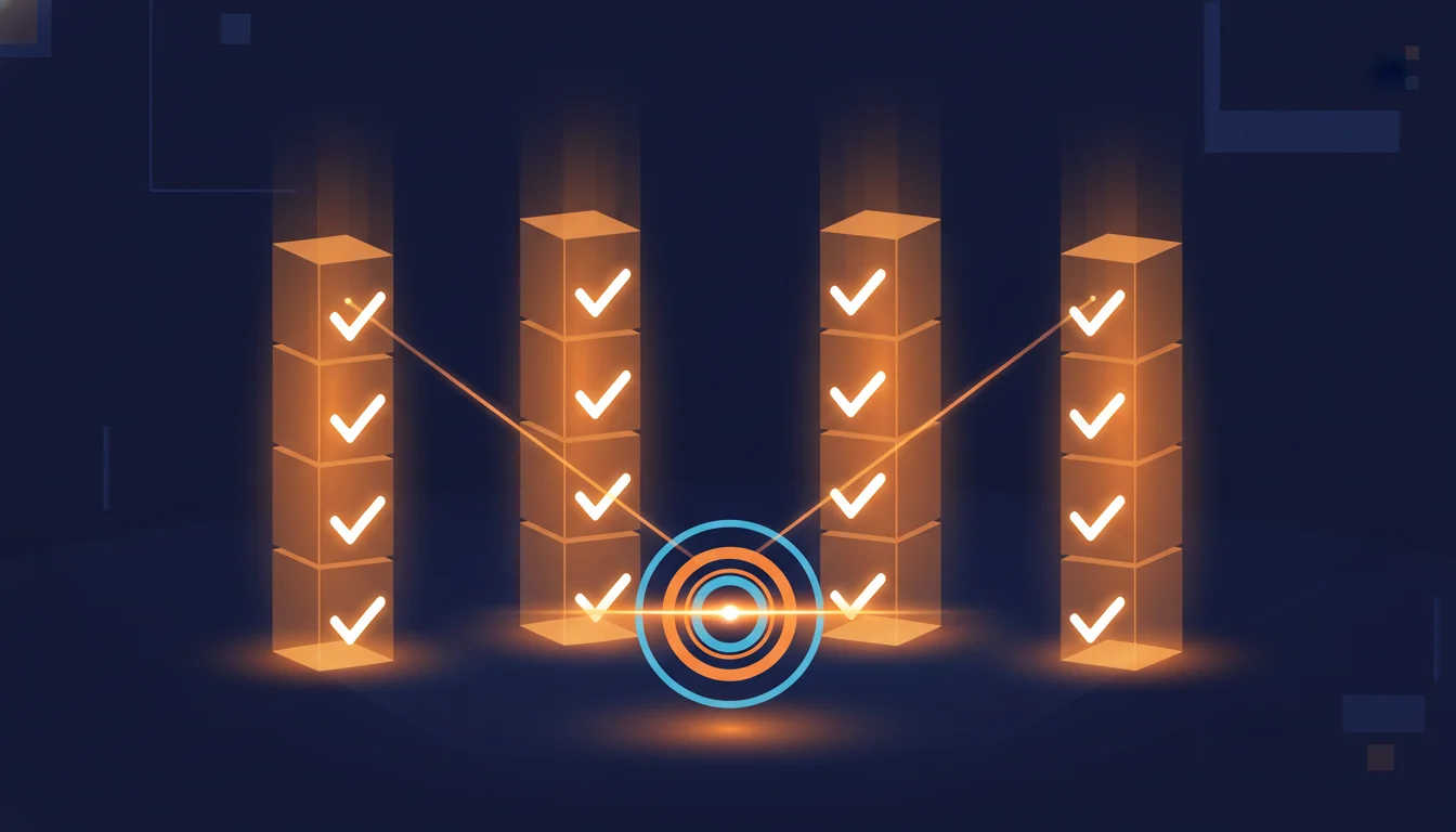 Professional illustration showing E-E-A-T trust and authority signals (experience, expertise, authoritativeness, trustworthiness) being evaluated by AI engines