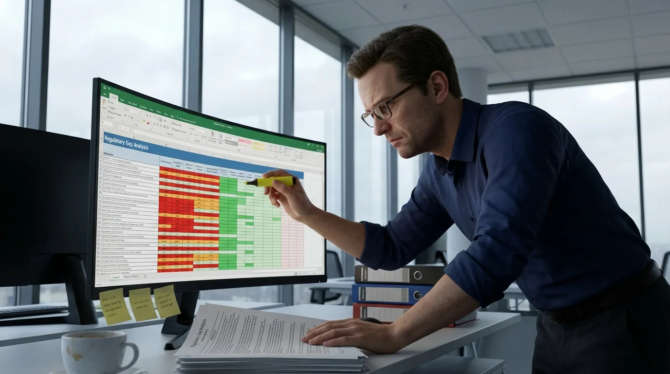 Male regulatory affairs manager reviewing a long spreadsheet on his monitor in a modern office, with printed regulatory documents and highlighters spread across his desk