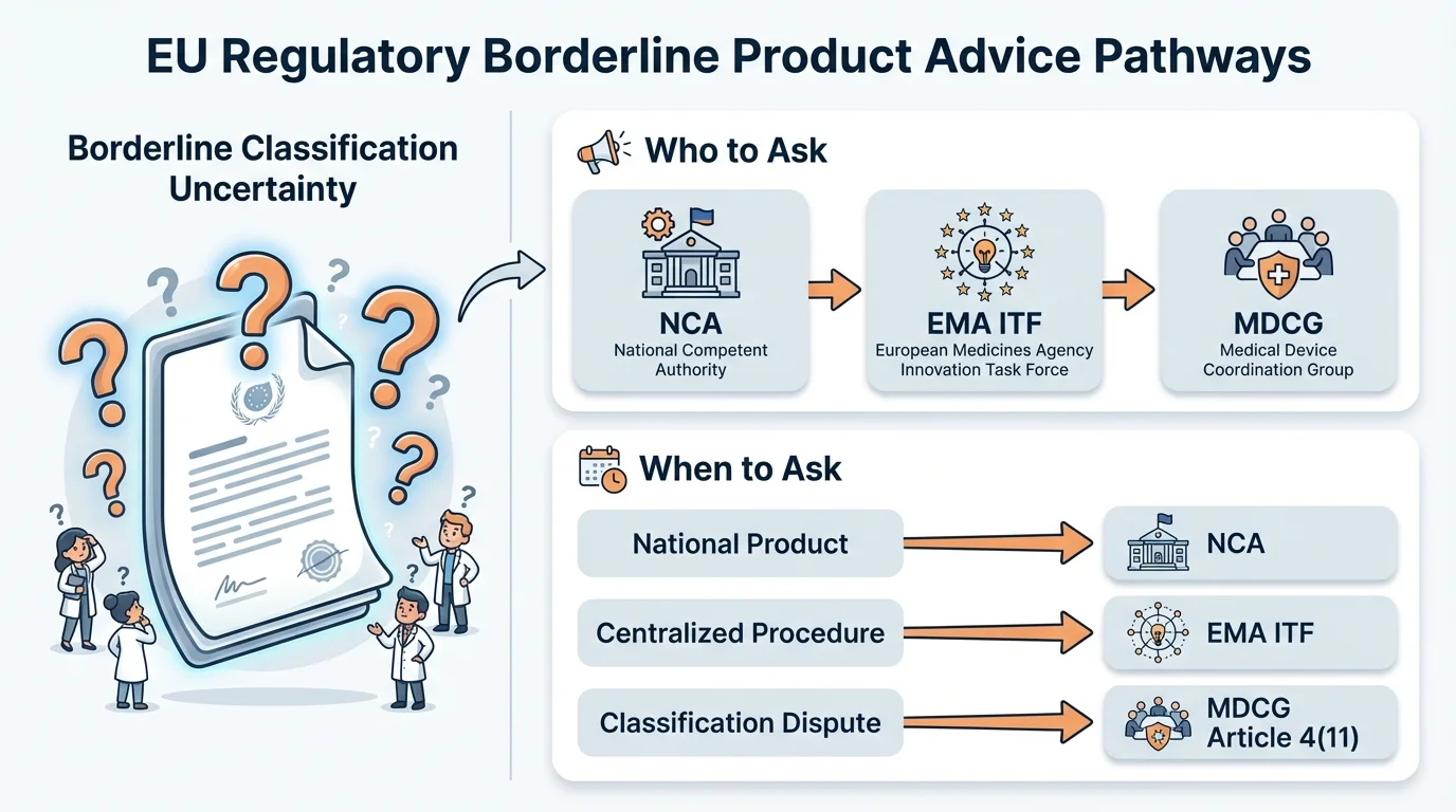 Infographic showing the relationship between NCA, EMA ITF, MDCG guidance, and Article 4(11) escalation in the borderline product advice ecosystem