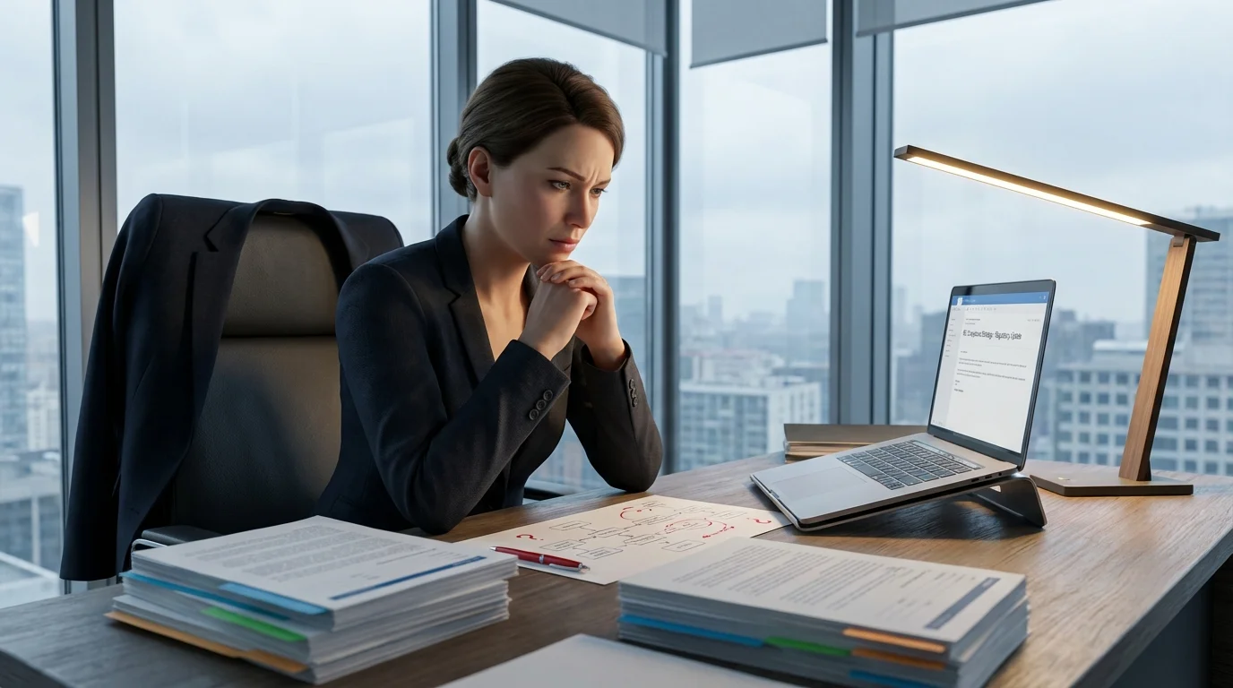 Female regulatory affairs director in a modern office reviewing classification documents with multiple regulatory guidance documents spread across her desk