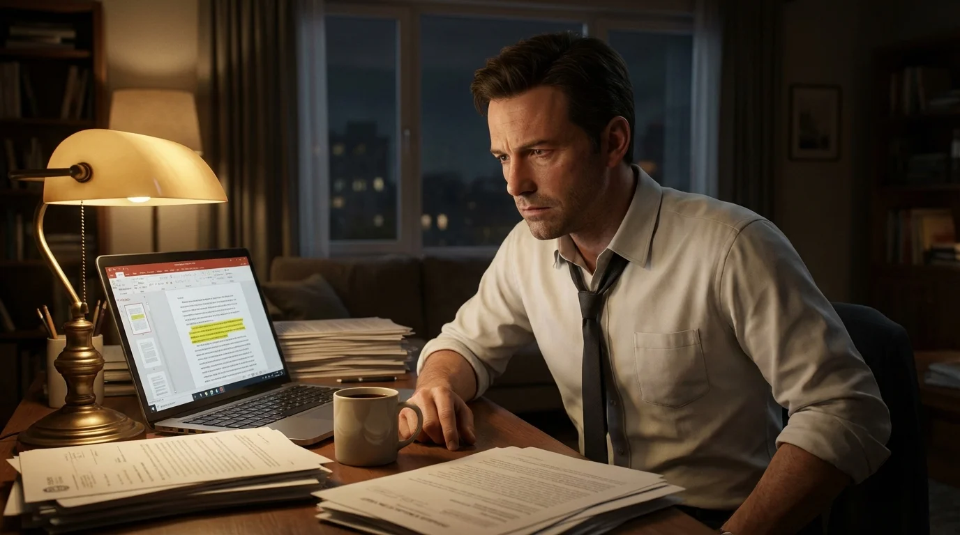 Male regulatory specialist reviewing EMA Q&A document late at night in home office with printed regulatory guidance highlighted