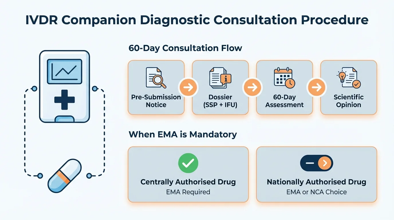 Infographic showing the EMA companion diagnostic consultation process under IVDR, including the 60-day initial consultation, 30-day follow-up, and mandatory vs optional EMA consultation triggers