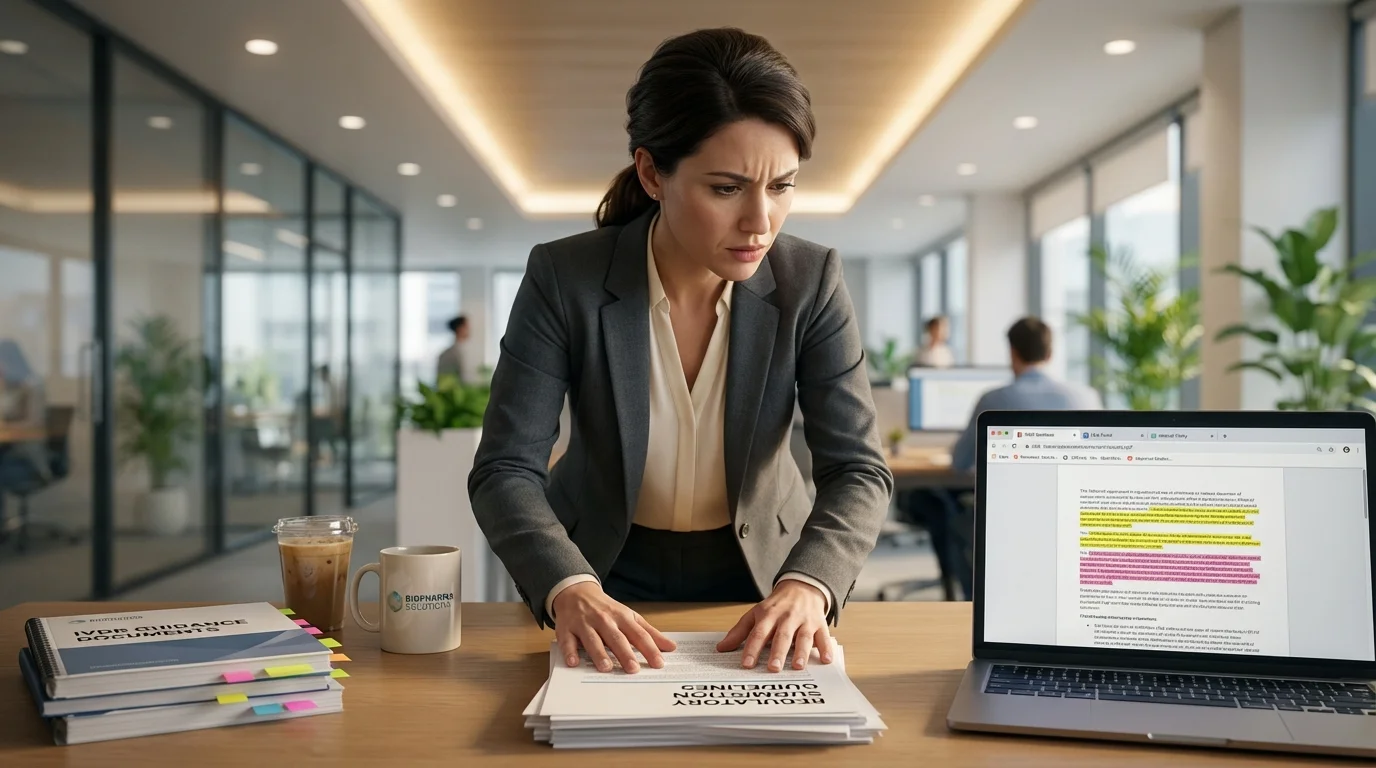 Female regulatory affairs professional reviewing IVDR companion diagnostic documentation at her desk, reading printed regulatory text with a focused expression