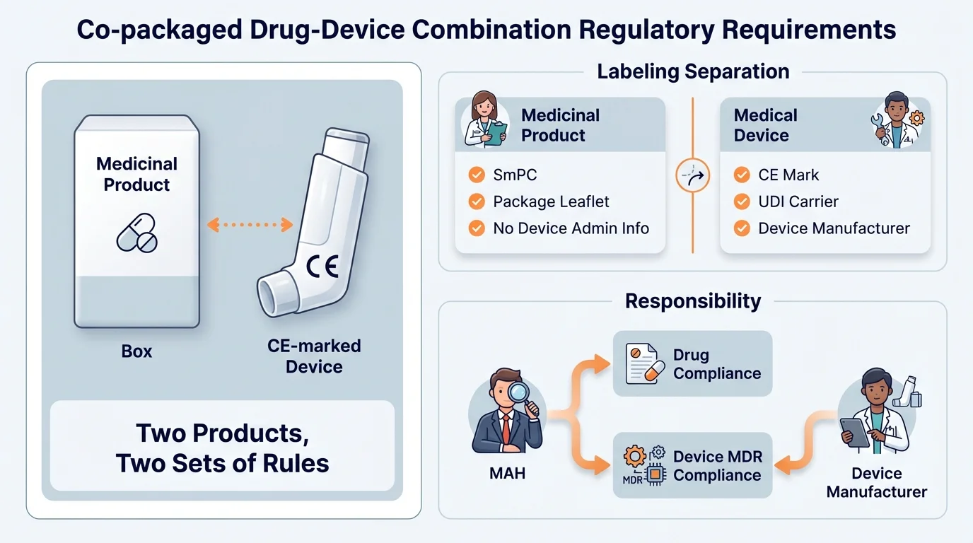 Infographic showing the dual regulatory framework for co-packaged DDCs with pharmaceutical requirements on one side and MDR device requirements on the other