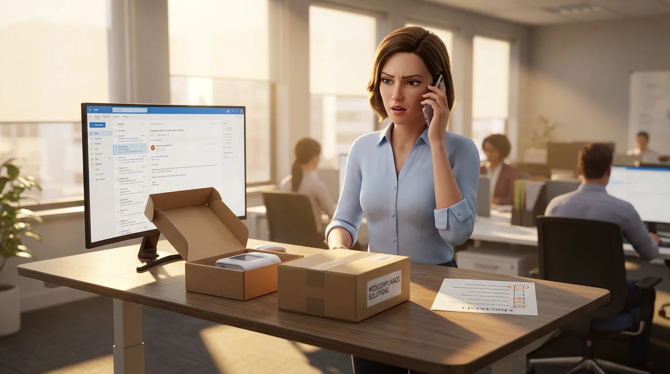Female regulatory professional on a phone call in her office with a concerned expression, with pharmaceutical packaging mockups and a measuring device visible on her desk