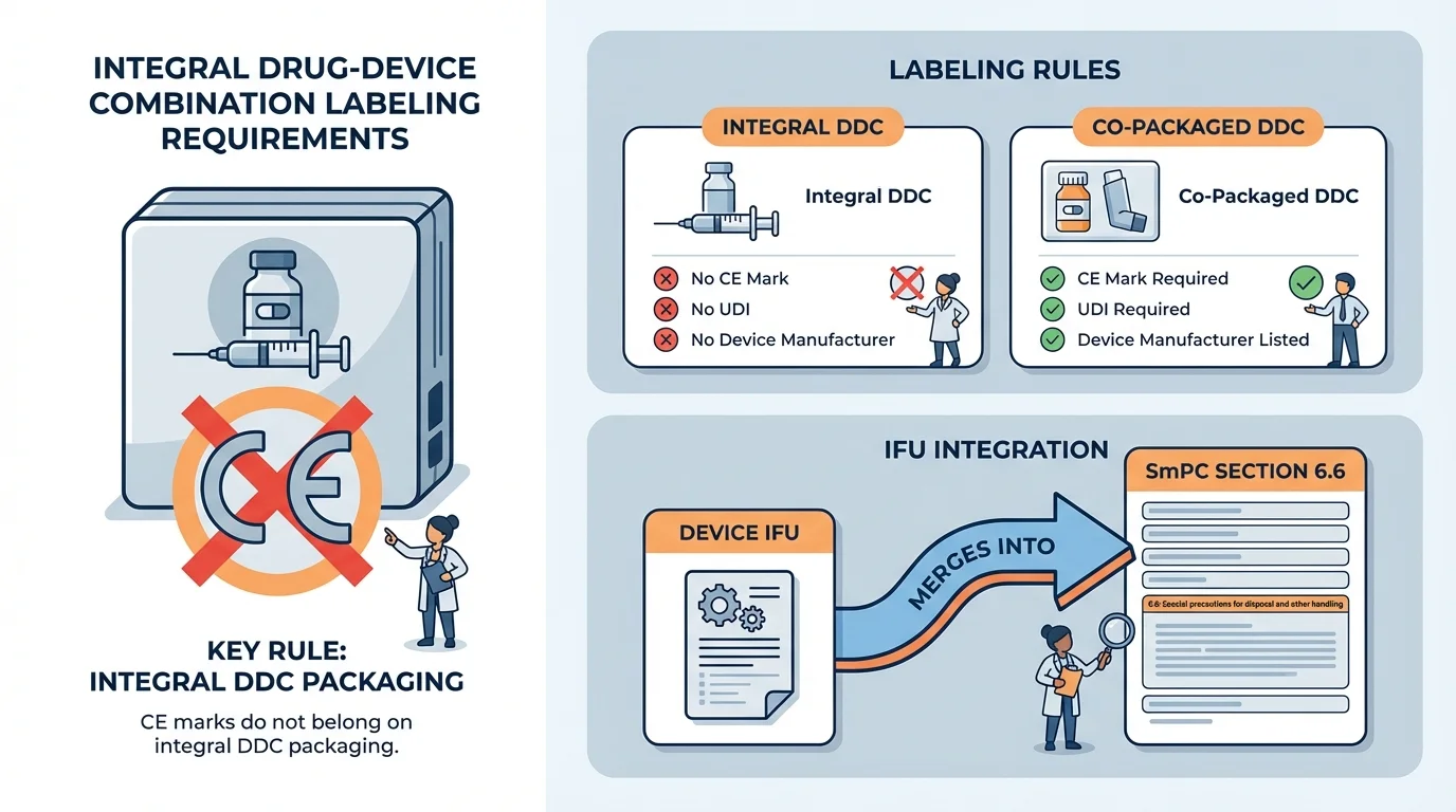 Infographic showing how device IFU content flows into the pharmaceutical QRD template sections for integral DDC labeling