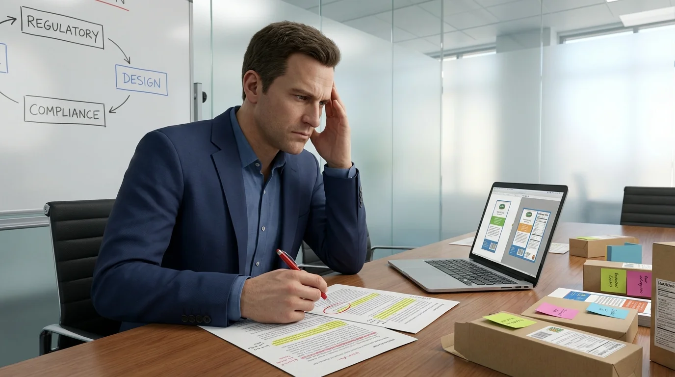Male regulatory affairs professional reviewing a marked-up package leaflet draft on his monitor with red annotations visible, sitting at a desk with printed QRD templates