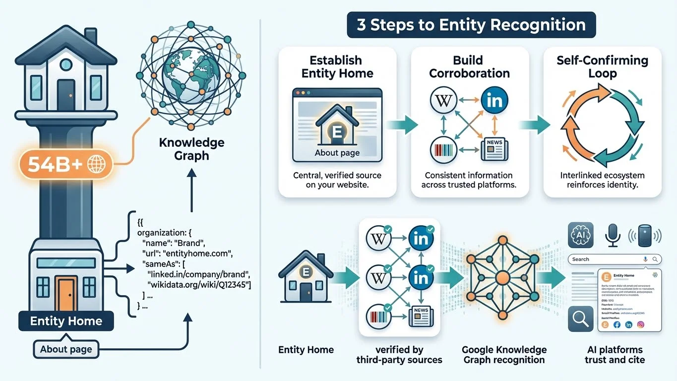 Infographic showing the Entity Home concept with About page as GEO foundation, featuring the 3-step Kalicube Process: Establish Entity Home, Build Corroboration, Self-Confirming Loop, leading to Google Knowledge Graph recognition and AI platform trust