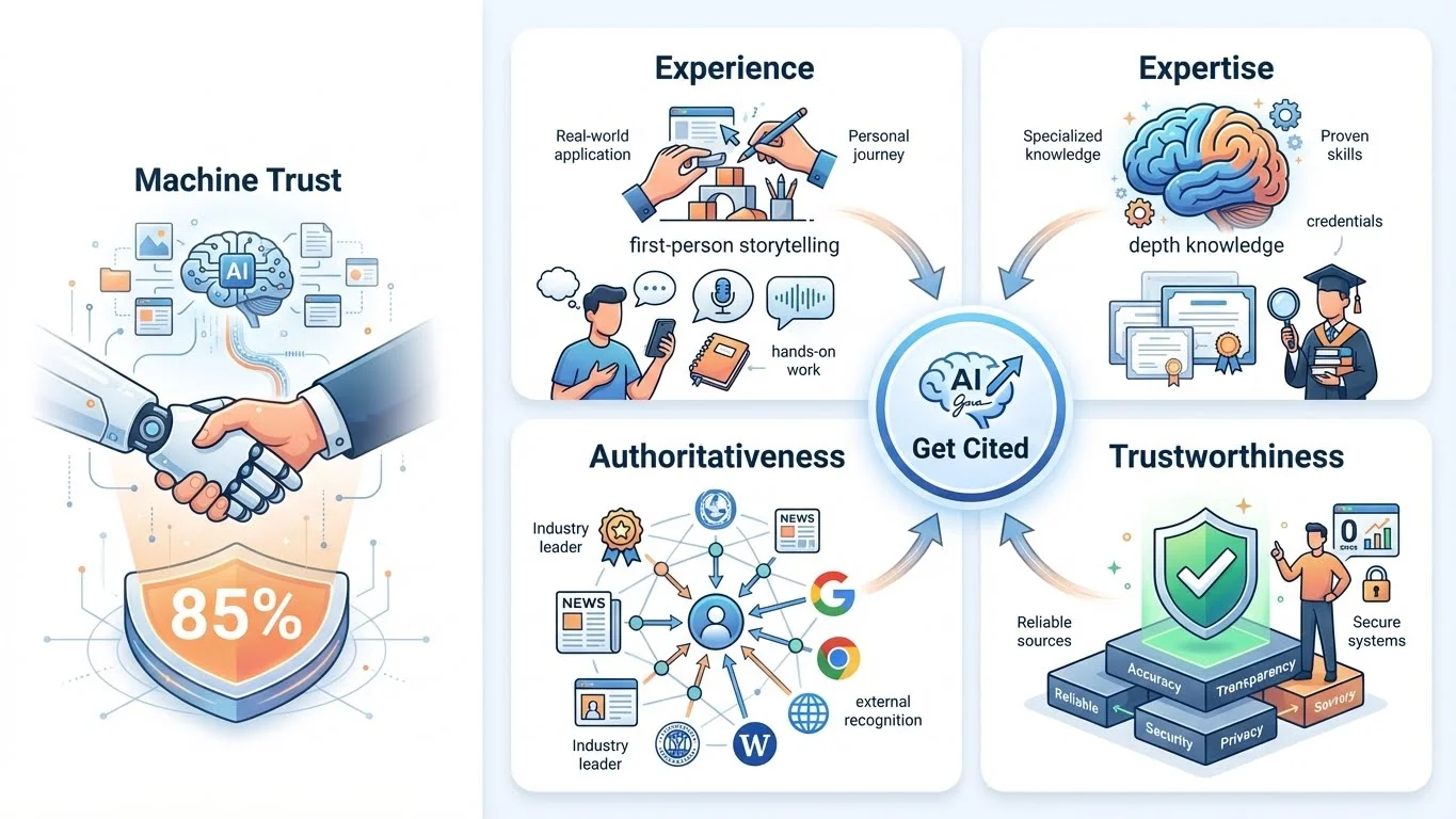 3D knowledge graph visualization with a central glowing Brand Entity node surrounded by interconnected satellite nodes labeled Wikidata, Wikipedia, Schema, and Knowledge Panel. Neural network connections pulse with orange energy between nodes against a holographic globe background.