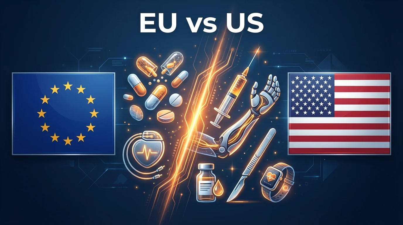 Male regulatory affairs director comparing EU MDR and FDA requirements on dual monitors in a modern office