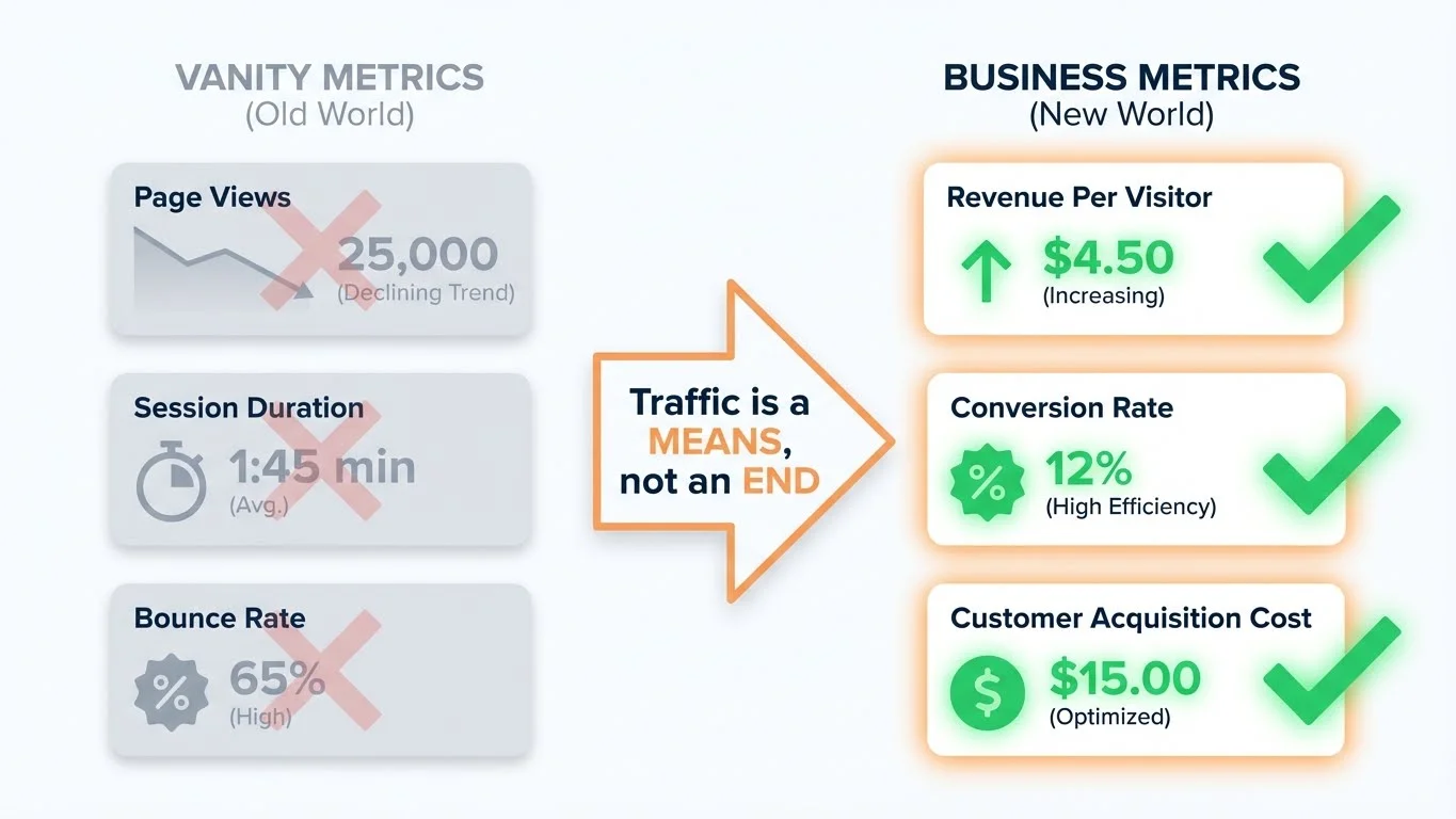 Vanity Metrics vs Business Metrics infographic - Left side shows fading dashboard widgets for Page Views (25,000), Session Duration (1:45 min), and Bounce Rate (65%) with red X marks. Right side shows highlighted widgets for Revenue Per Visitor ($4.50), Conversion Rate (12%), and Customer Acquisition Cost ($15.00) with green checkmarks. Center arrow states Traffic is a MEANS, not an END.