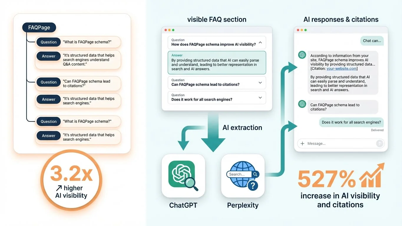Infographic showing FAQPage schema as a secret weapon for AI visibility: structured Q&A format with 3.2x higher AI visibility, visible FAQ sections being extracted by ChatGPT and Perplexity, resulting in 527% increase in AI visibility and citations