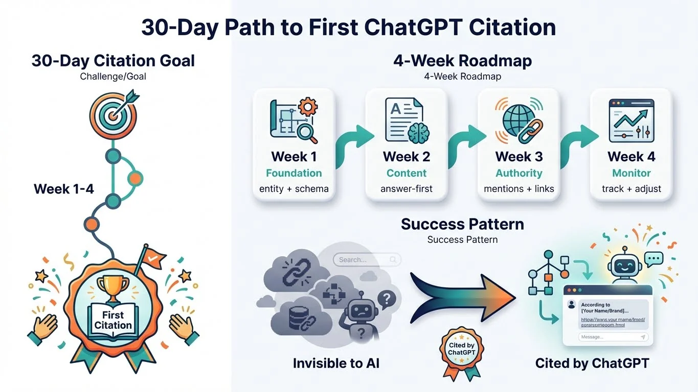 Infographic showing 30-Day Path to First ChatGPT Citation with 30-Day Citation Goal (Week 1-4 timeline with target/bullseye and First Citation trophy), 4-Week Roadmap (Week 1 Foundation: entity + schema, Week 2 Content: answer-first, Week 3 Authority: mentions + links, Week 4 Monitor: track + adjust), and Success Pattern transformation from Invisible to AI to Cited by ChatGPT