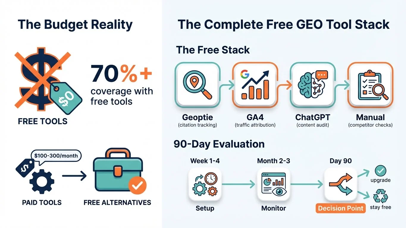 Infographic showing the complete free GEO tool stack: 70%+ coverage with free tools, comparing paid alternatives ($100-300/month) vs free stack (Geoptie, GA4, ChatGPT, Manual), with 90-day evaluation timeline from setup through monitoring to decision point