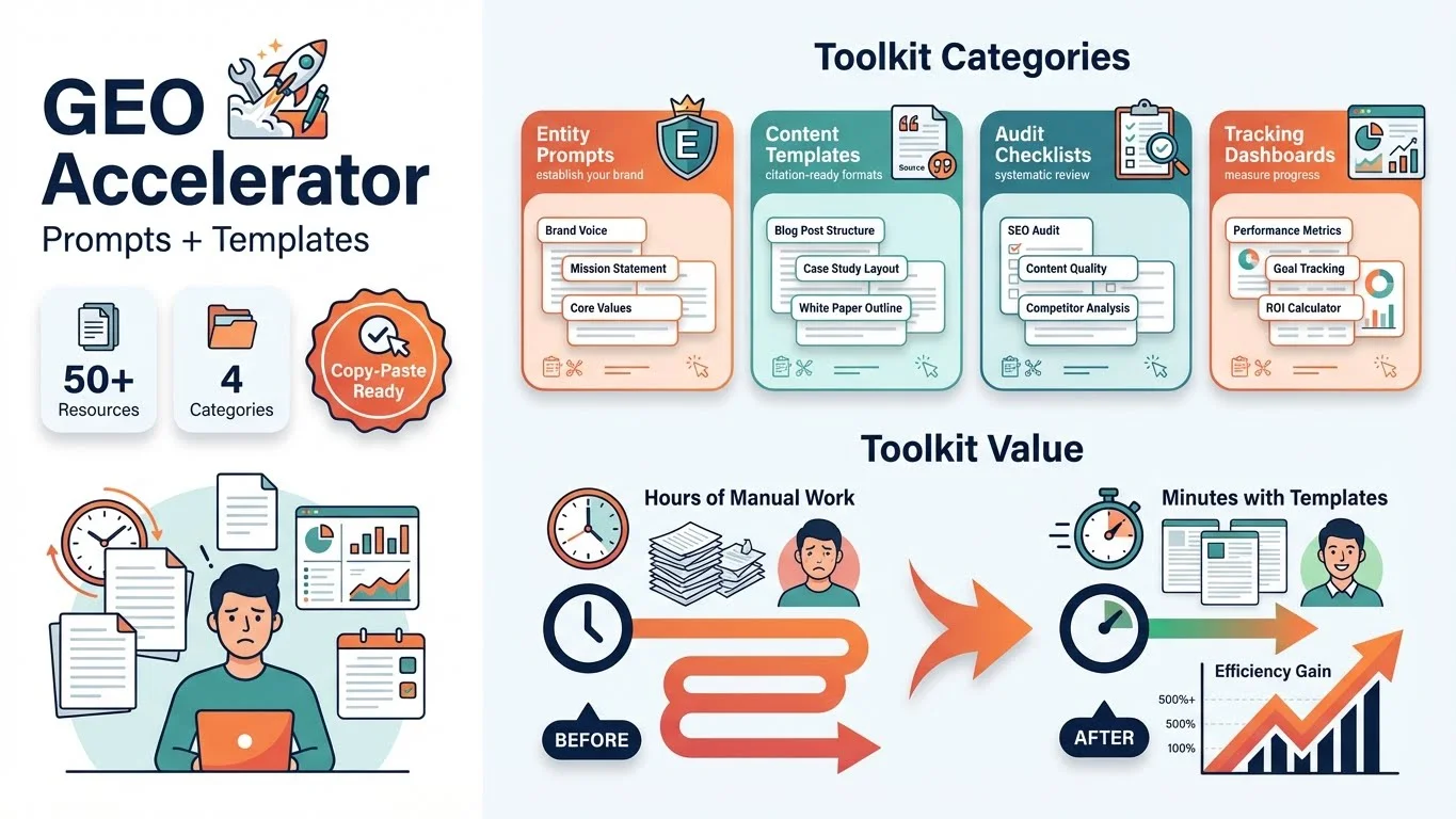 GEO Accelerator Toolkit infographic showing four resource categories (Entity Prompts, Content Templates, Audit Checklists, Tracking Dashboards) with 50+ copy-paste ready resources, illustrating the transformation from hours of manual work to minutes with templates