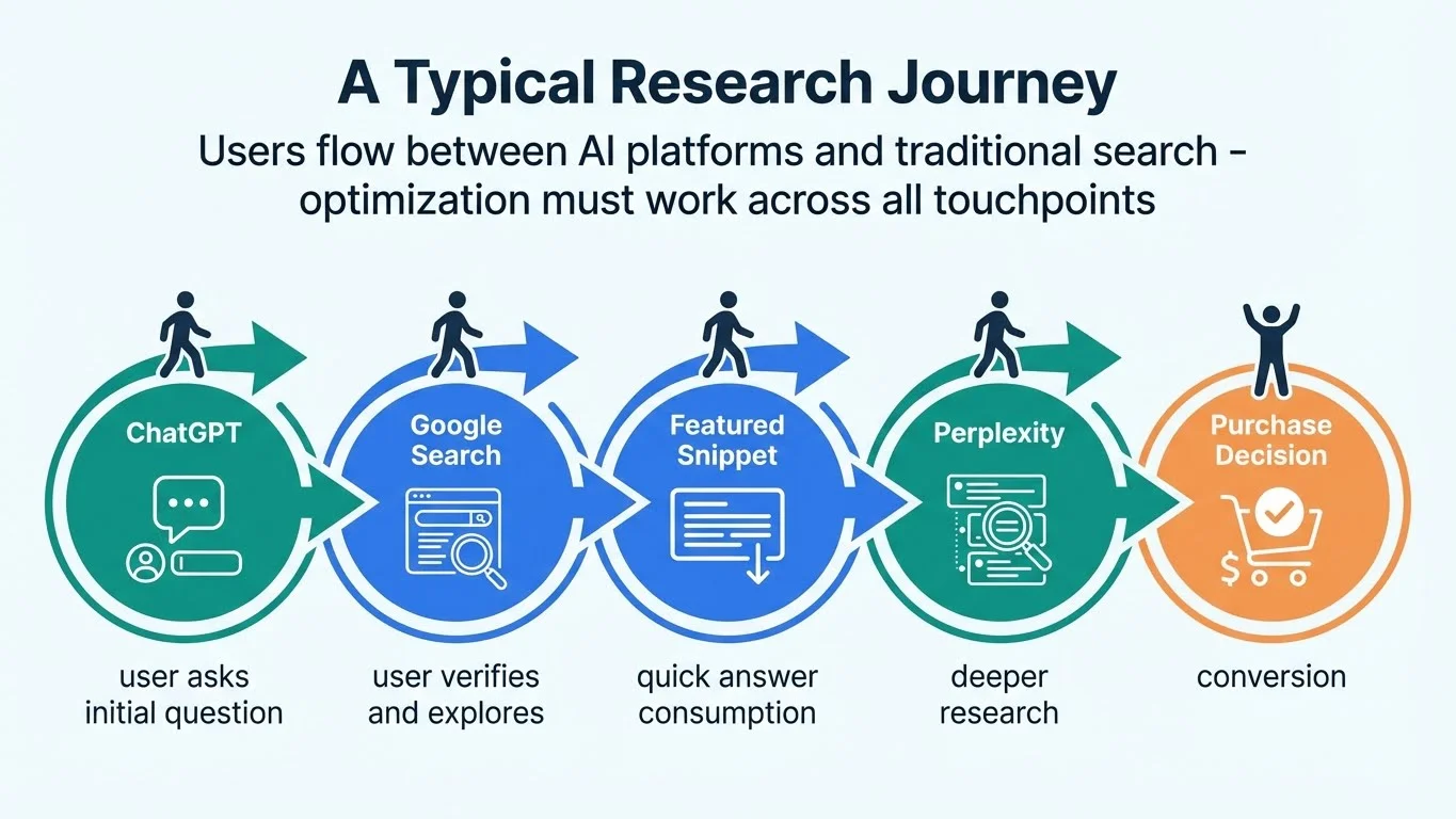 A Typical Research Journey infographic showing 5 connected steps: ChatGPT (user asks initial question) → Google Search (user verifies and explores) → Featured Snippet (quick answer consumption) → Perplexity (deeper research) → Purchase Decision (conversion). Illustrates how users flow between AI platforms and traditional search with visual icons and connecting arrows.