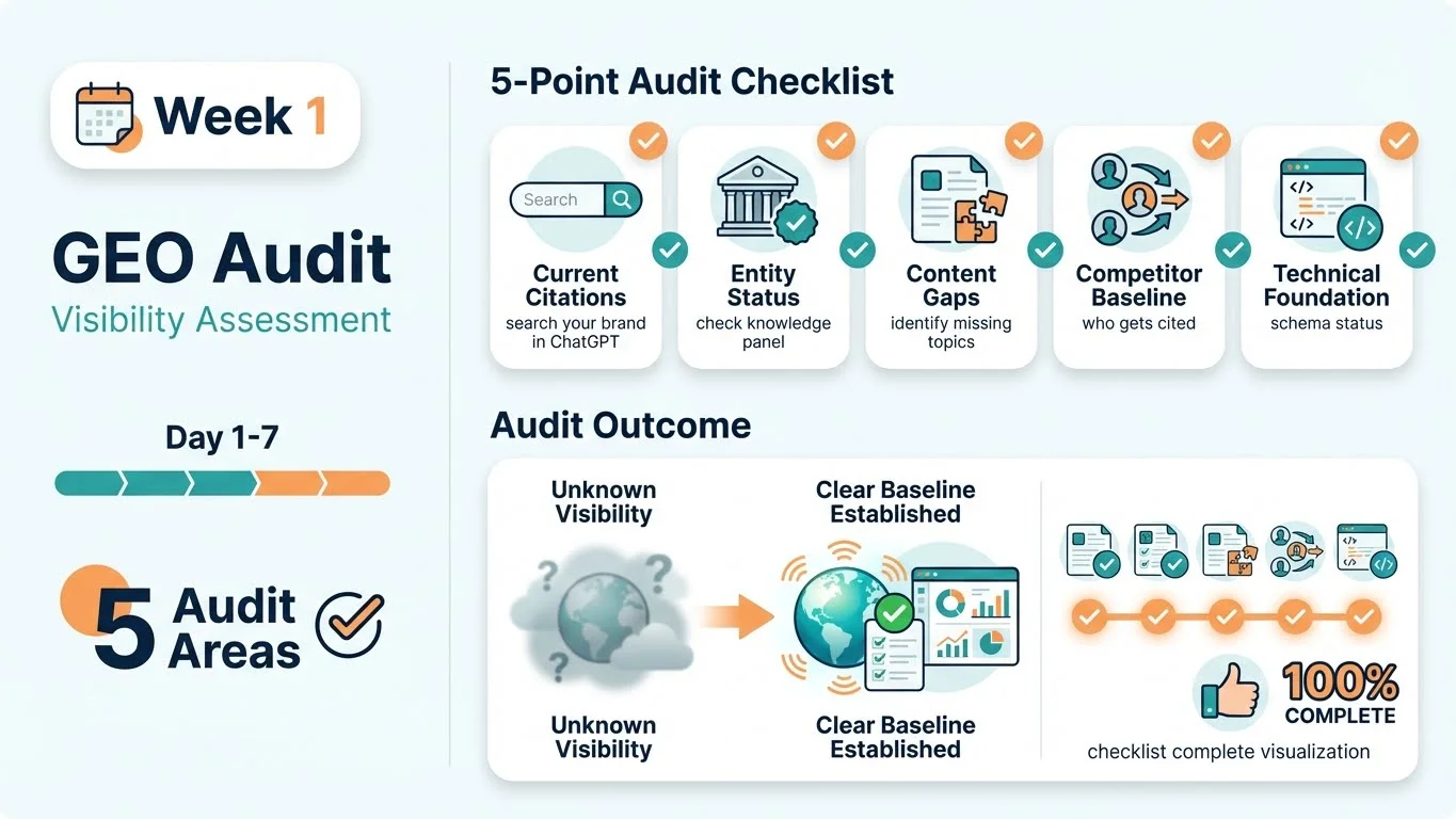Infographic showing Week 1 GEO Audit and Visibility Assessment with Day 1-7 timeline, 5 Audit Areas badge, 5-Point Audit Checklist (Current Citations, Entity Status, Content Gaps, Competitor Baseline, Technical Foundation), and Audit Outcome transformation from Unknown Visibility to Clear Baseline Established with 100% complete