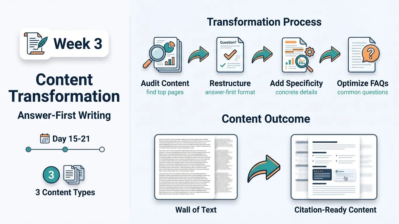 Infographic showing Week 3 GEO Content Transformation with Answer-First Writing - Day 15-21 timeline, 3 Content Types badge, Transformation Process (Audit Content → Restructure → Add Specificity → Optimize FAQs), and Content Outcome transformation from Wall of Text to Citation-Ready Content
