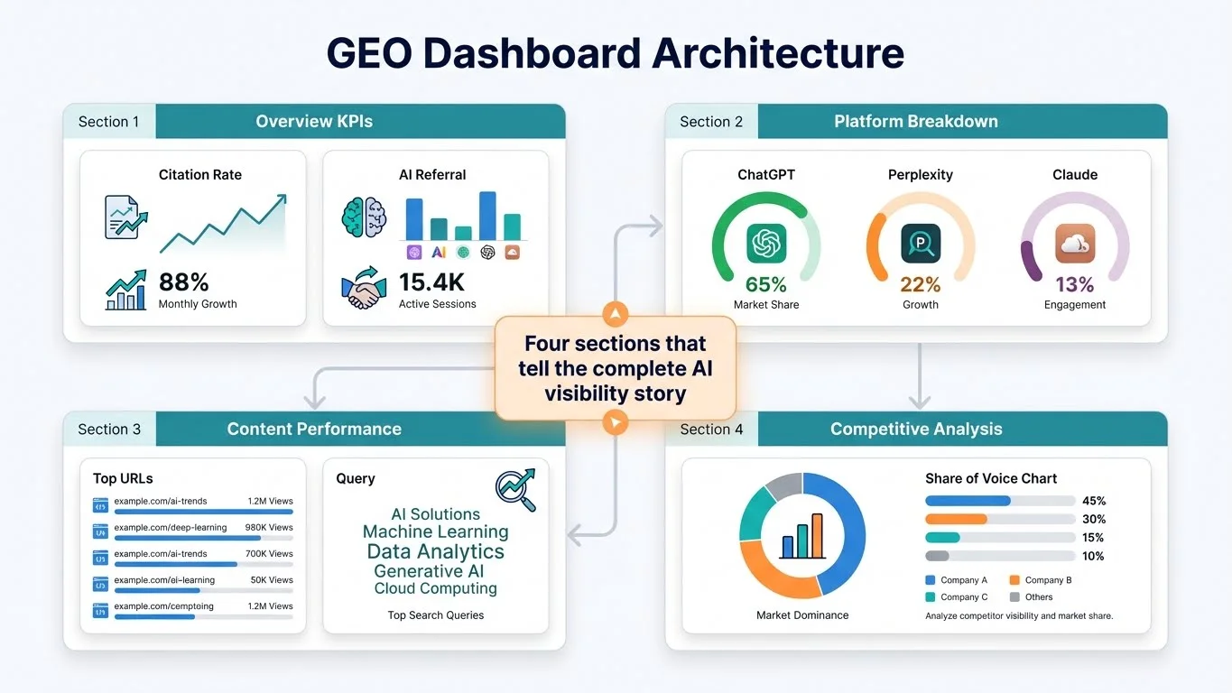 GEO Dashboard Architecture showing four connected sections: Section 1 Overview KPIs with Citation Rate and AI Referral metrics, Section 2 Platform Breakdown for ChatGPT Perplexity Claude, Section 3 Content Performance with Top URLs and queries, Section 4 Competitive Analysis with Share of Voice chart